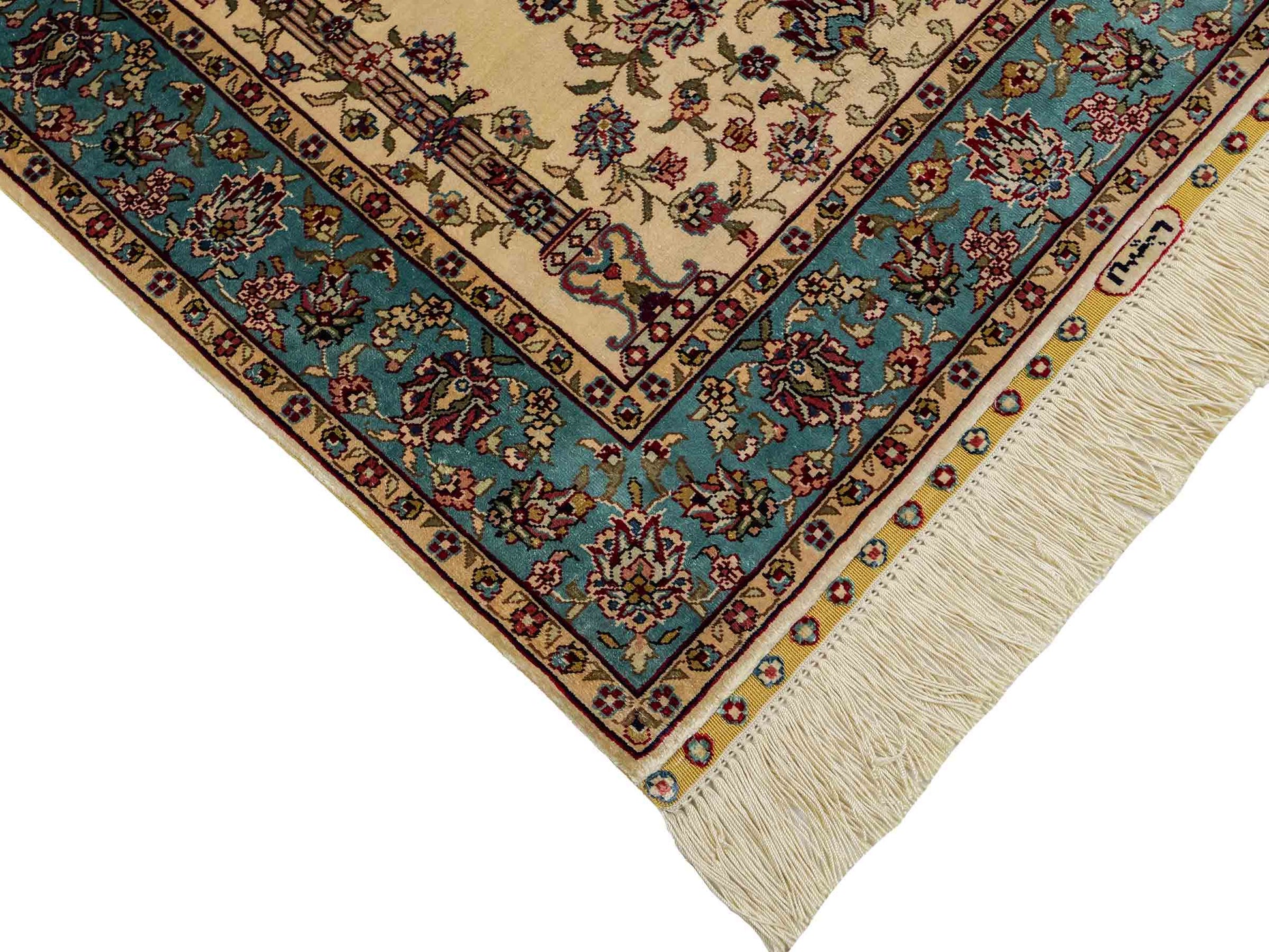 Sehr feiner, handgeknüpfter Khademi Orientteppich mit Hereke Design aus reiner Seide, creme, weiß, blau. 93x63 cm. Vertrieb durch Jupiter Intl.
