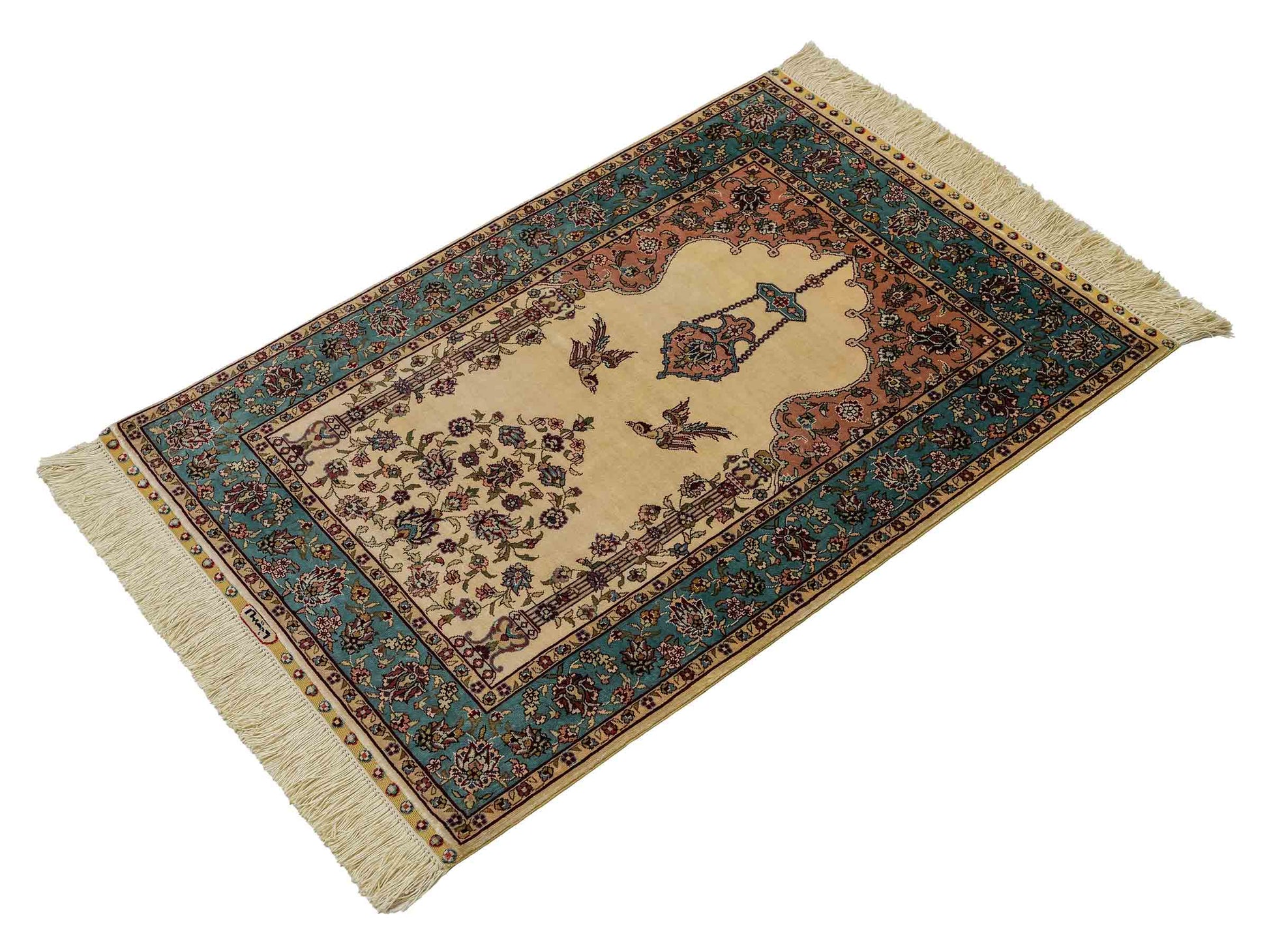 Sehr feiner, handgeknüpfter Khademi Orientteppich mit Hereke Design aus reiner Seide, creme, weiß, blau. 93x63 cm. Vertrieb durch Jupiter Intl.