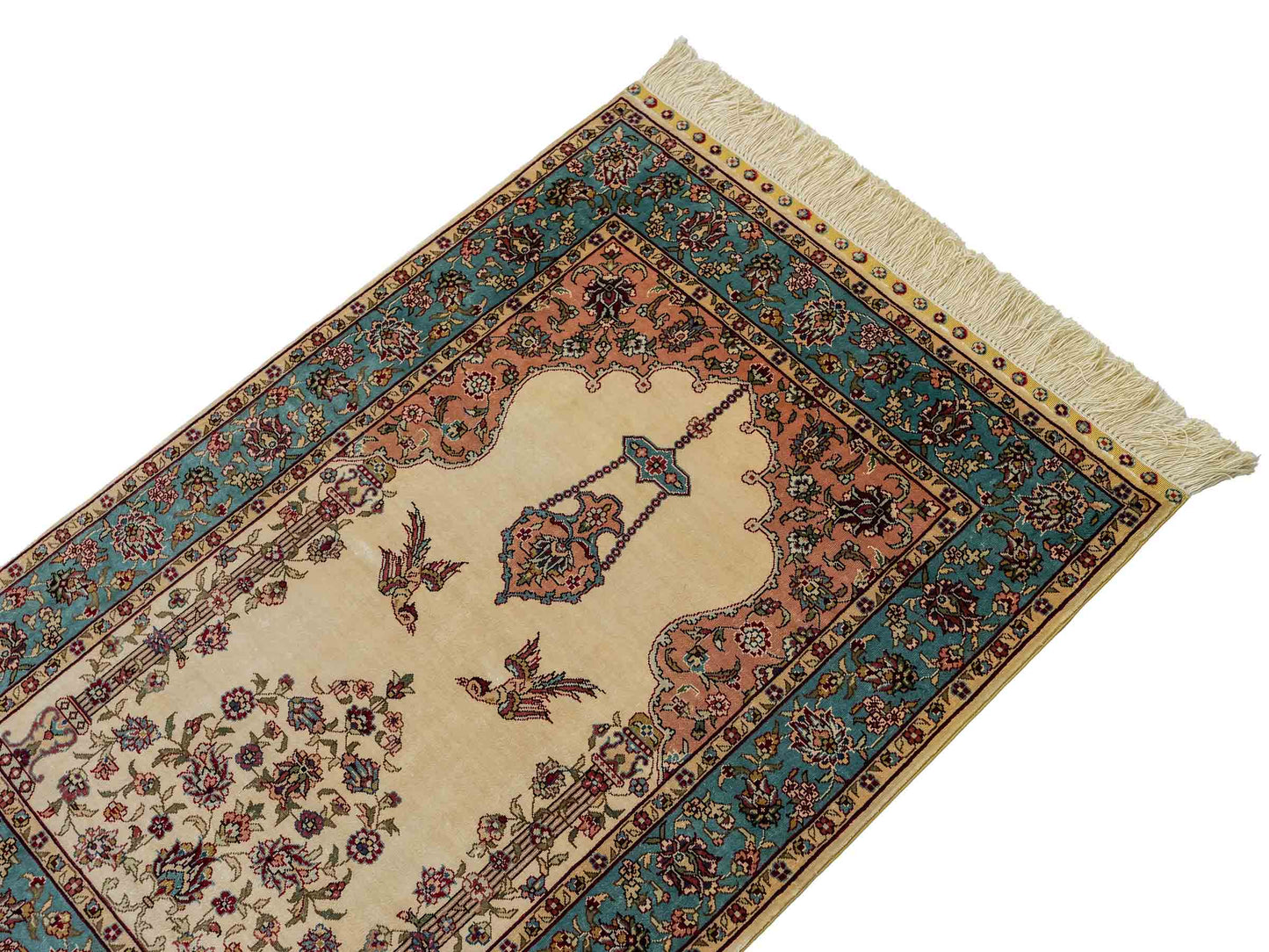 Sehr feiner, handgeknüpfter Khademi Orientteppich mit Hereke Design aus reiner Seide, creme, weiß, blau. 93x63 cm. Vertrieb durch Jupiter Intl.