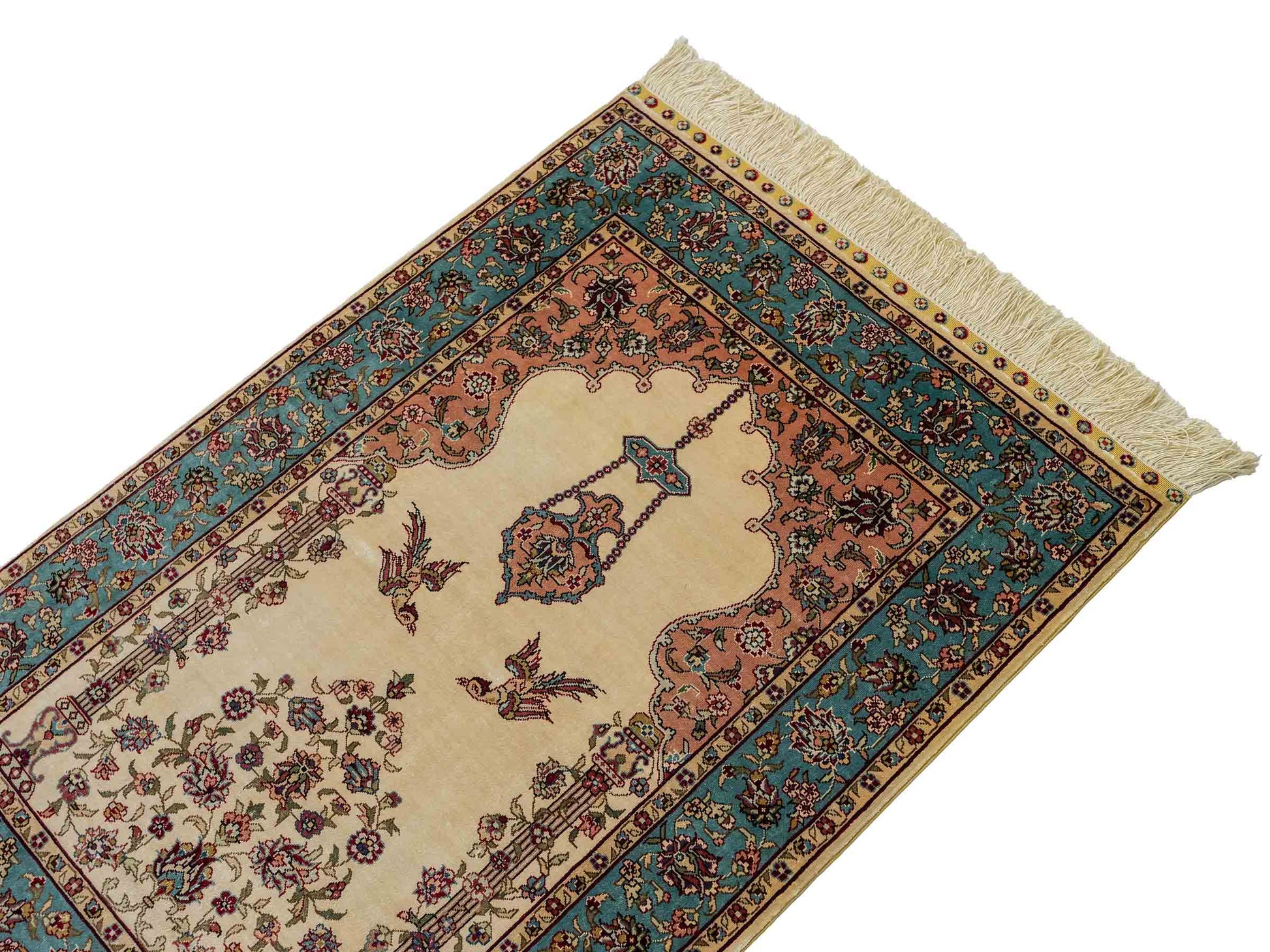 Sehr feiner, handgeknüpfter Khademi Orientteppich mit Hereke Design aus reiner Seide, creme, weiß, blau. 93x63 cm. Vertrieb durch Jupiter Intl.
