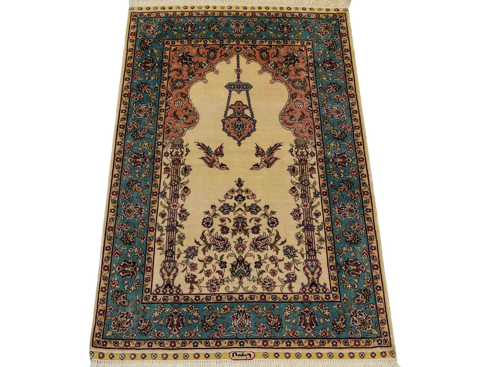 Sehr feiner, handgeknüpfter Khademi Orientteppich mit Hereke Design aus reiner Seide, creme, weiß, blau. 93x63 cm. Vertrieb durch Jupiter Intl.