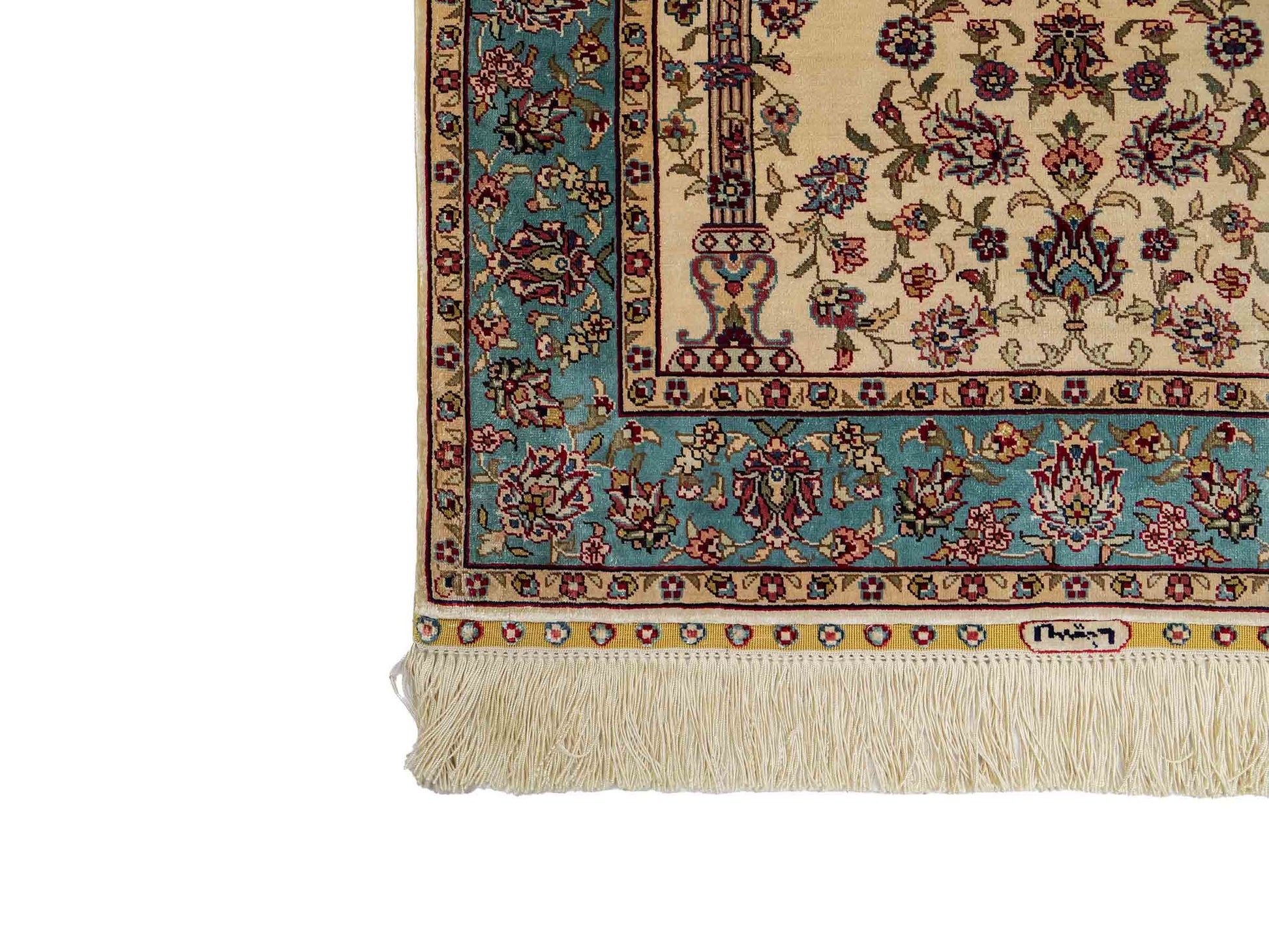 Sehr feiner, handgeknüpfter Khademi Orientteppich mit Hereke Design aus reiner Seide, creme, weiß, blau. 93x63 cm. Vertrieb durch Jupiter Intl.