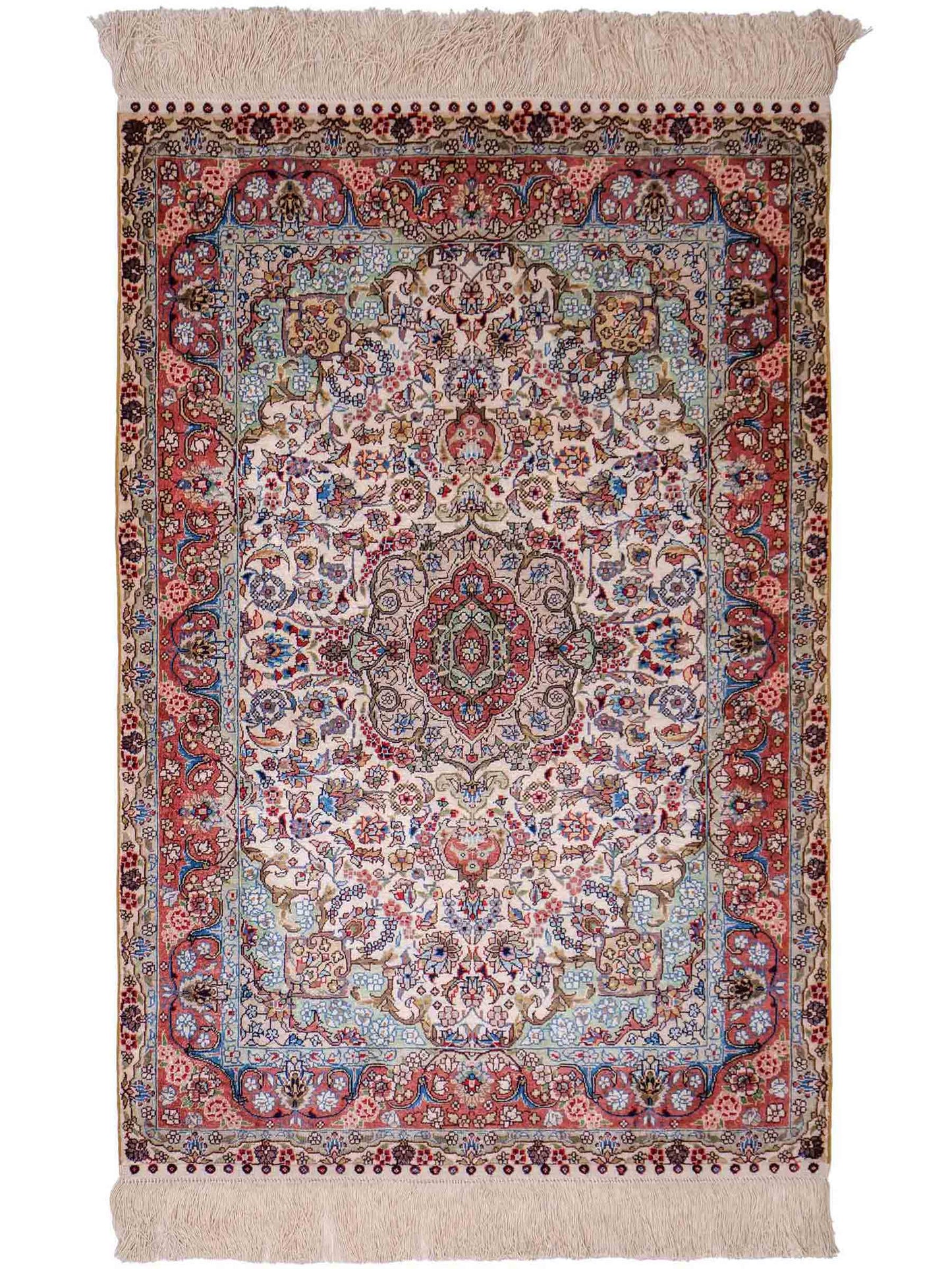 Sehr feiner, handgeknüpfter Khademi Orientteppich mit Hereke Design aus reiner Seide, creme, weiß, rosa. 93x63 cm. Verkauf durch Jupiter Intl.