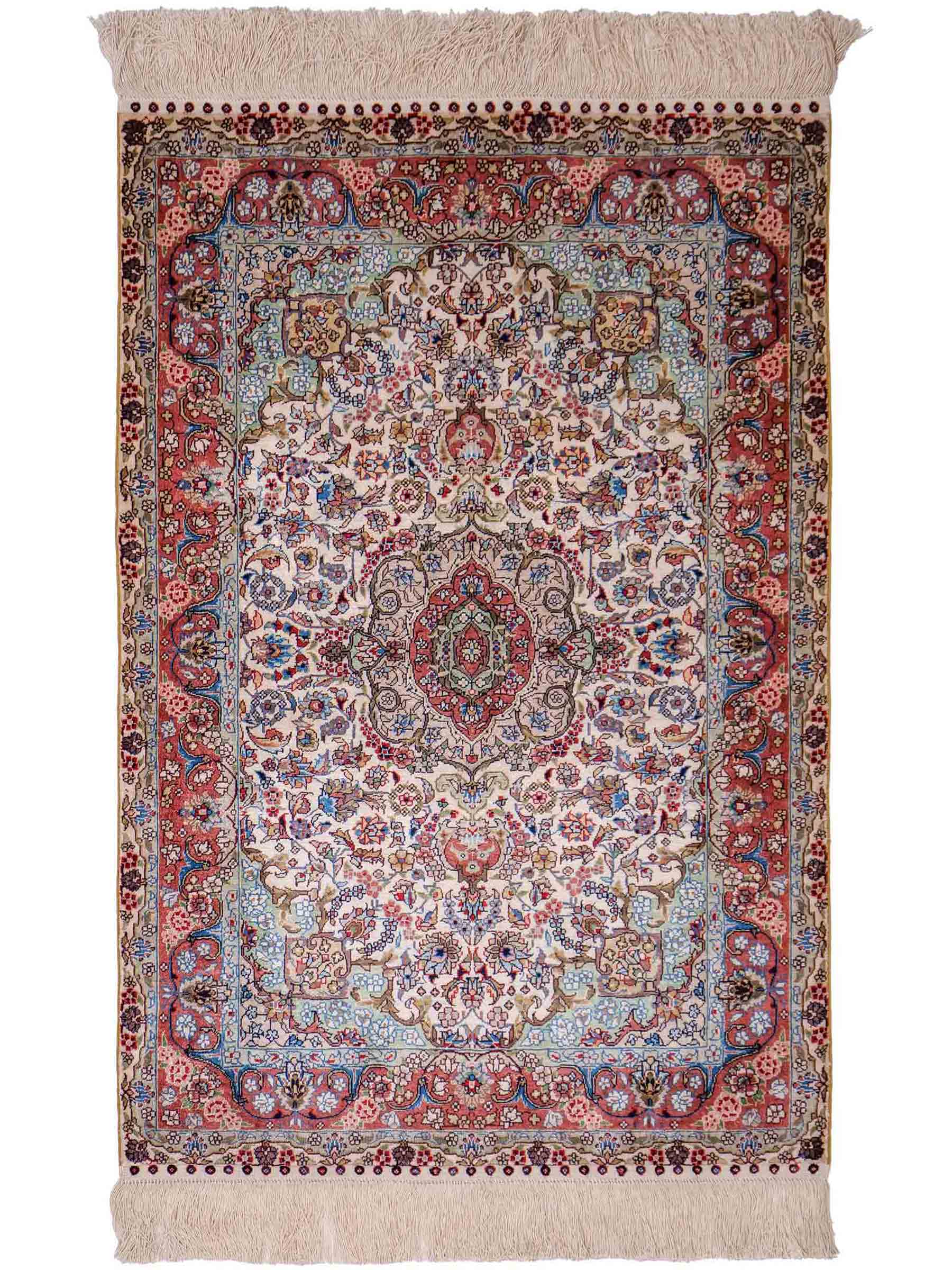 Sehr feiner, handgeknüpfter Khademi Orientteppich mit Hereke Design aus reiner Seide, creme, weiß, rosa. 93x63 cm. Verkauf durch Jupiter Intl.