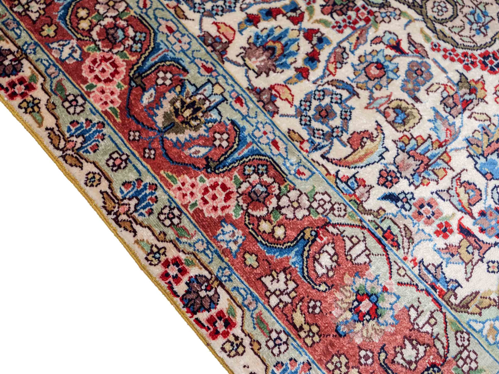 Sehr feiner, handgeknüpfter Khademi Orientteppich mit Hereke Design aus reiner Seide, creme, weiß, rosa. 93x63 cm. Verkauf durch Jupiter Intl.