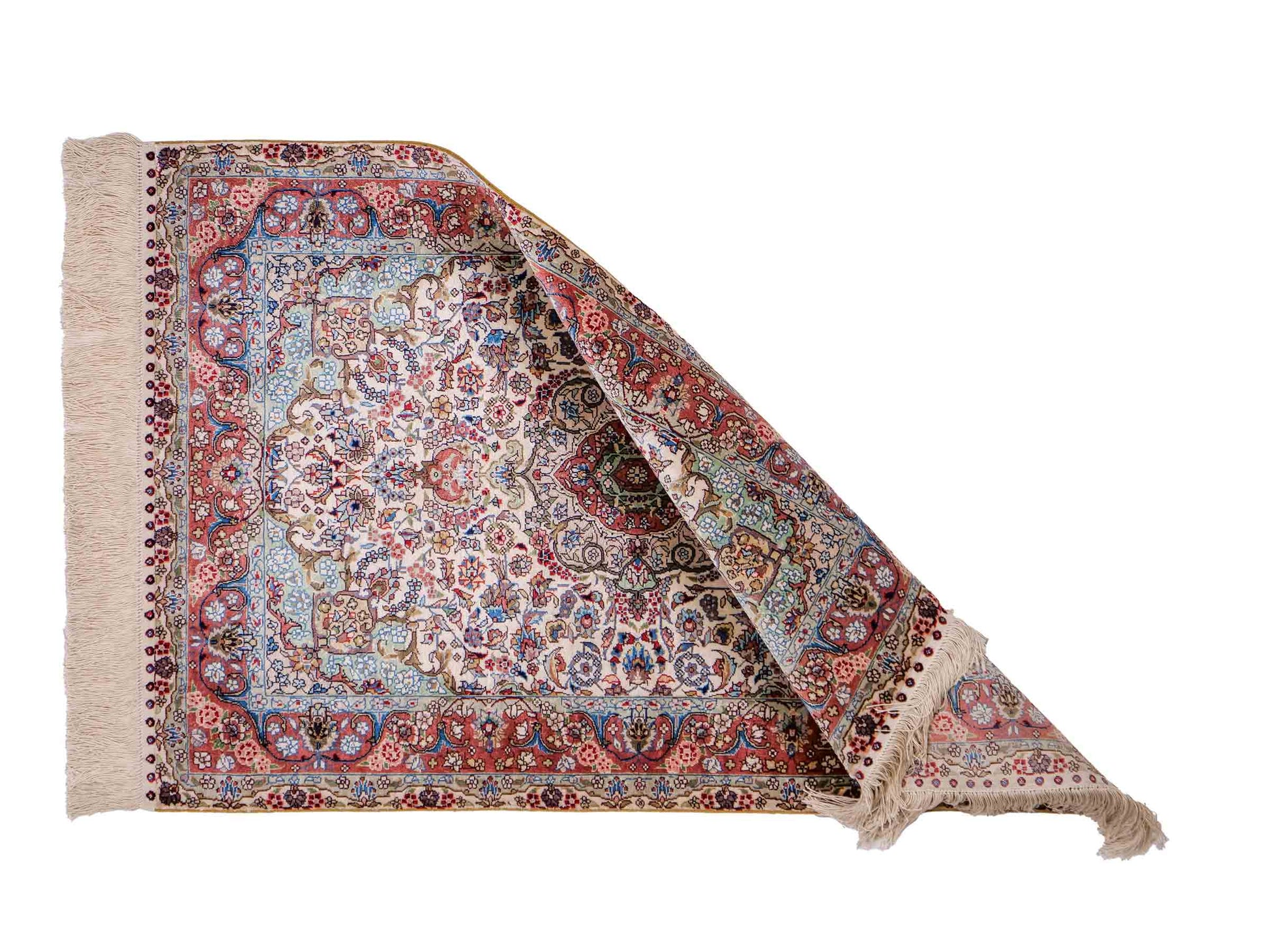 Sehr feiner, handgeknüpfter Khademi Orientteppich mit Hereke Design aus reiner Seide, creme, weiß, rosa. 93x63 cm. Verkauf durch Jupiter Intl.