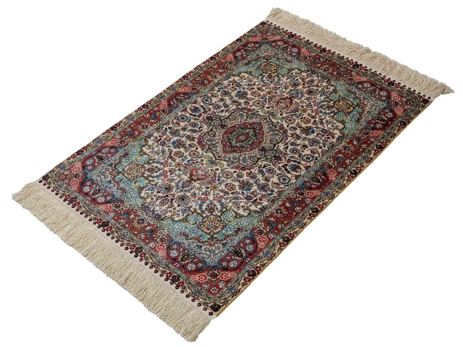 Sehr feiner, handgeknüpfter Khademi Orientteppich mit Hereke Design aus reiner Seide, creme, weiß, rosa. 93x63 cm. Verkauf durch Jupiter Intl.