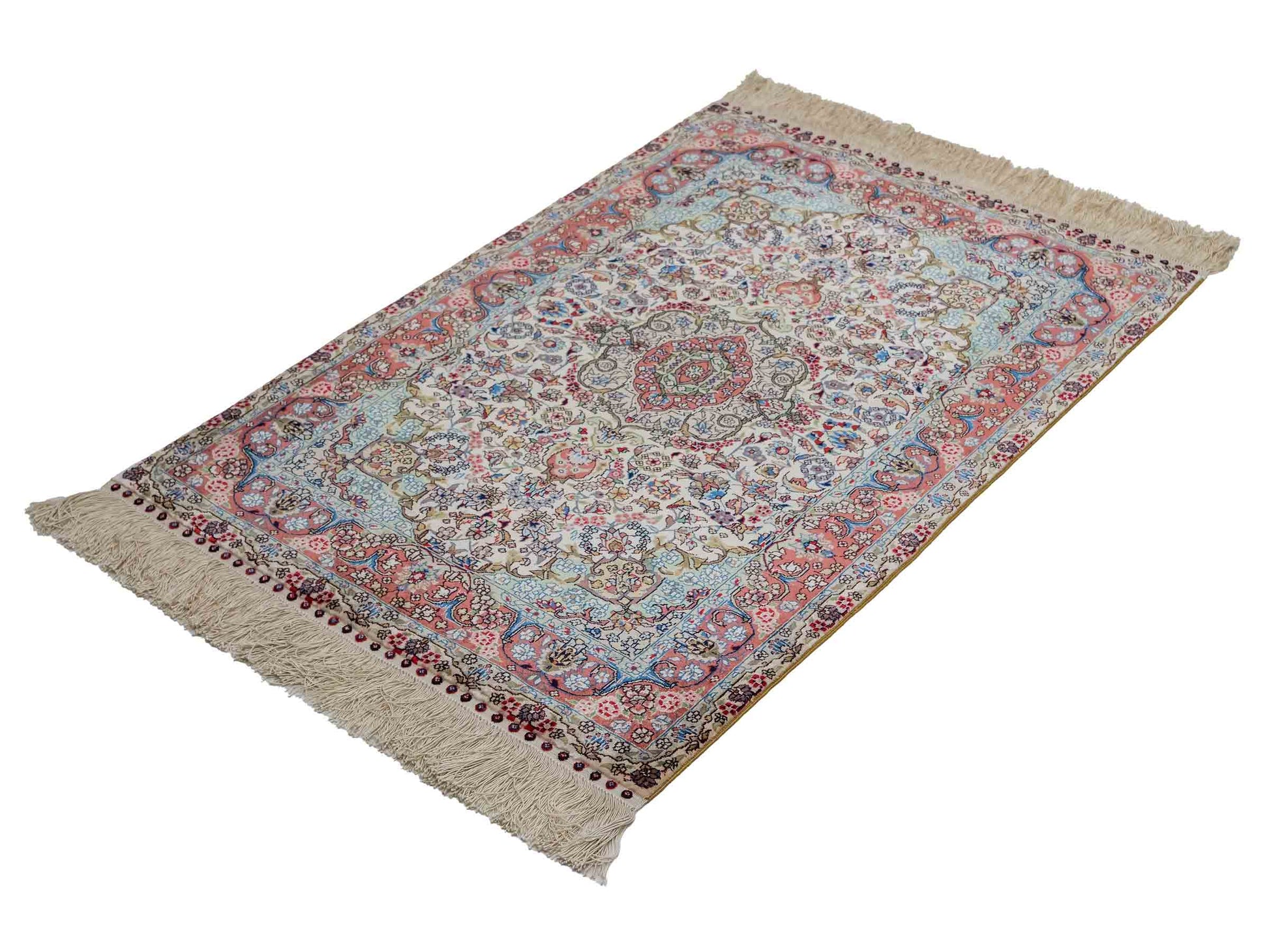 Sehr feiner, handgeknüpfter Khademi Orientteppich mit Hereke Design aus reiner Seide, creme, weiß, rosa. 93x63 cm. Verkauf durch Jupiter Intl.