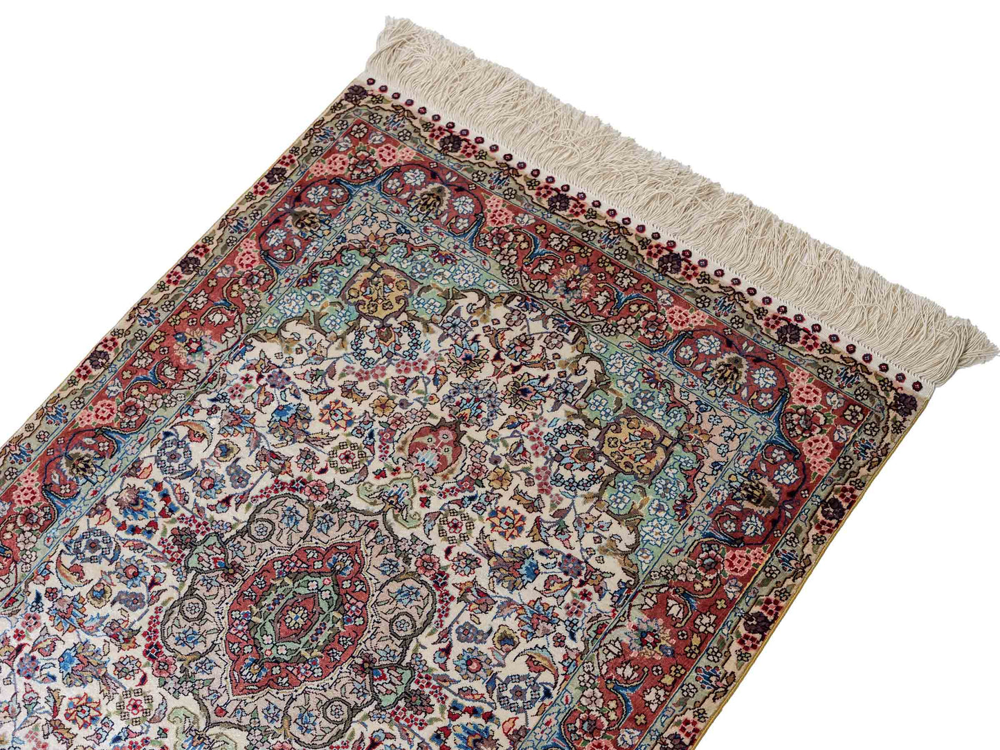 Sehr feiner, handgeknüpfter Khademi Orientteppich mit Hereke Design aus reiner Seide, creme, weiß, rosa. 93x63 cm. Verkauf durch Jupiter Intl.