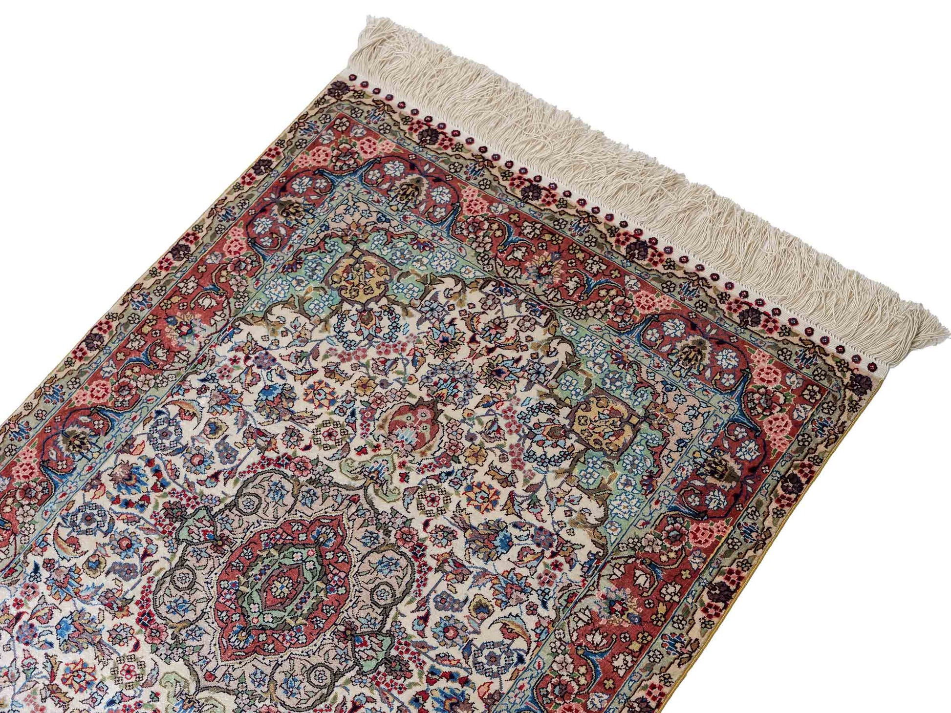 Sehr feiner, handgeknüpfter Khademi Orientteppich mit Hereke Design aus reiner Seide, creme, weiß, rosa. 93x63 cm. Verkauf durch Jupiter Intl.