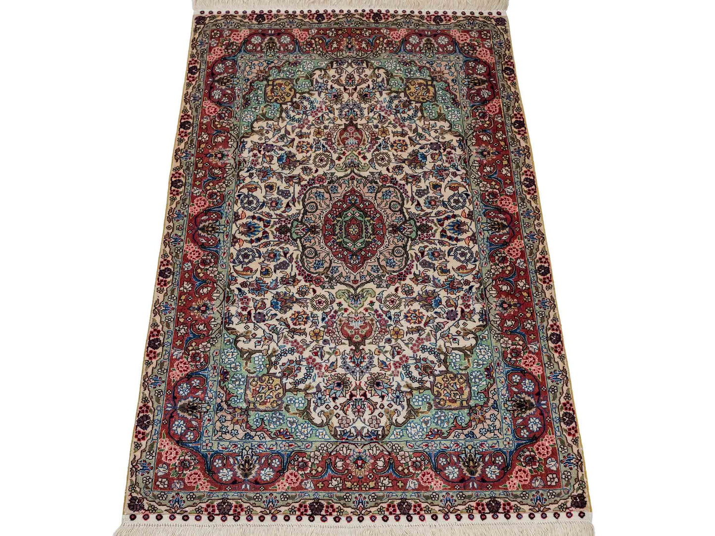 Sehr feiner, handgeknüpfter Khademi Orientteppich mit Hereke Design aus reiner Seide, creme, weiß, rosa. 93x63 cm. Verkauf durch Jupiter Intl.