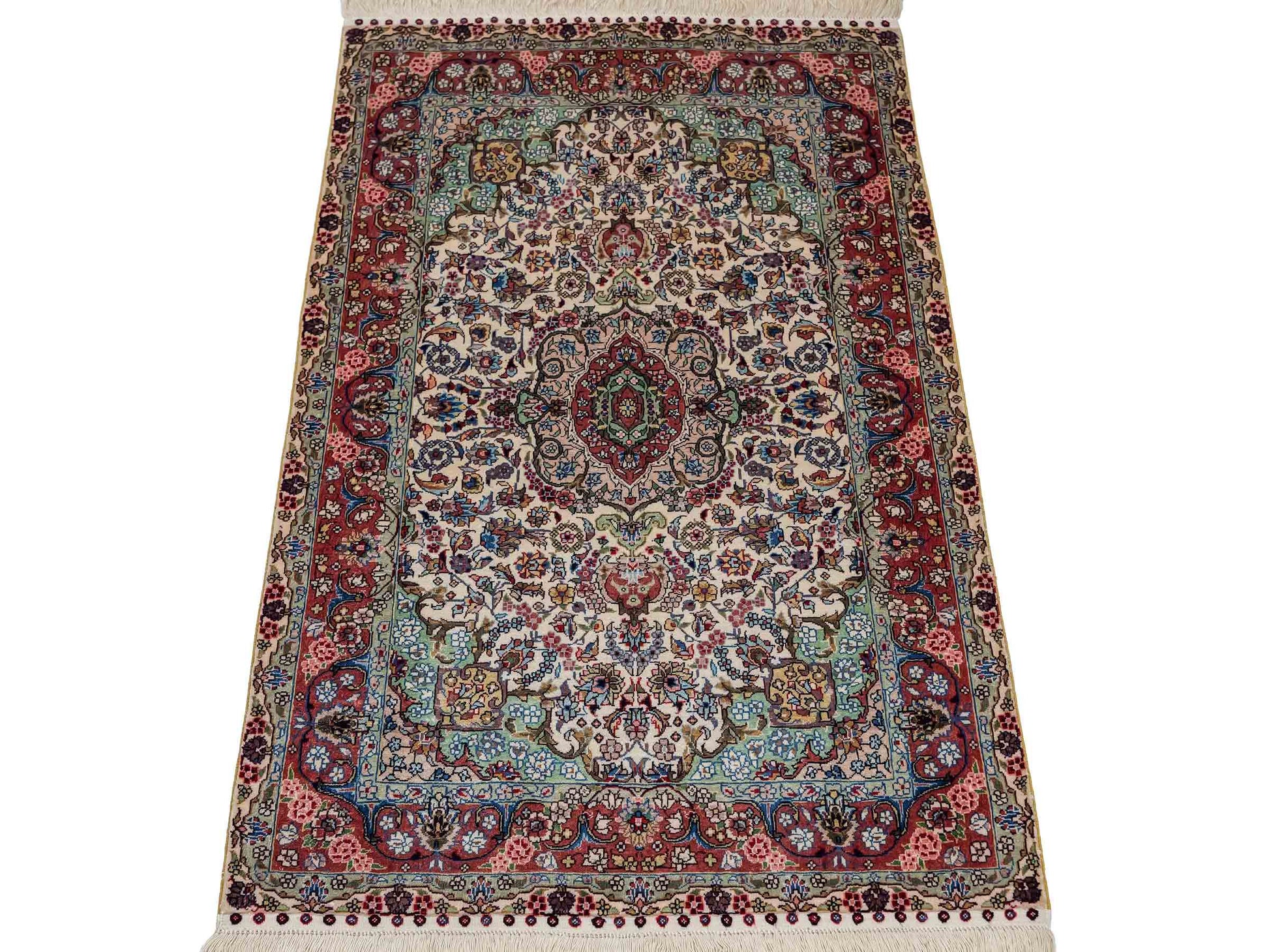 Sehr feiner, handgeknüpfter Khademi Orientteppich mit Hereke Design aus reiner Seide, creme, weiß, rosa. 93x63 cm. Verkauf durch Jupiter Intl.
