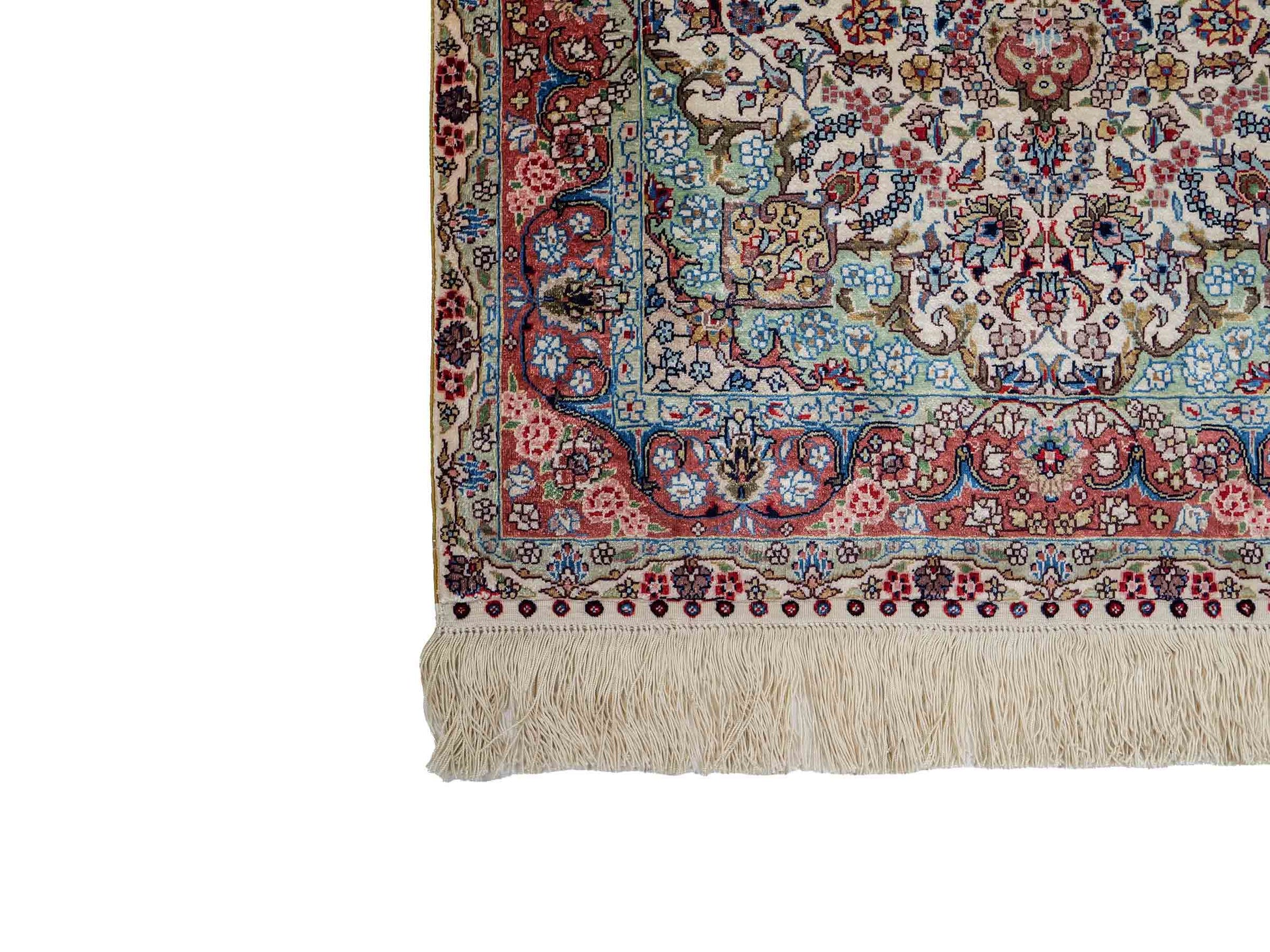 Sehr feiner, handgeknüpfter Khademi Orientteppich mit Hereke Design aus reiner Seide, creme, weiß, rosa. 93x63 cm. Verkauf durch Jupiter Intl.