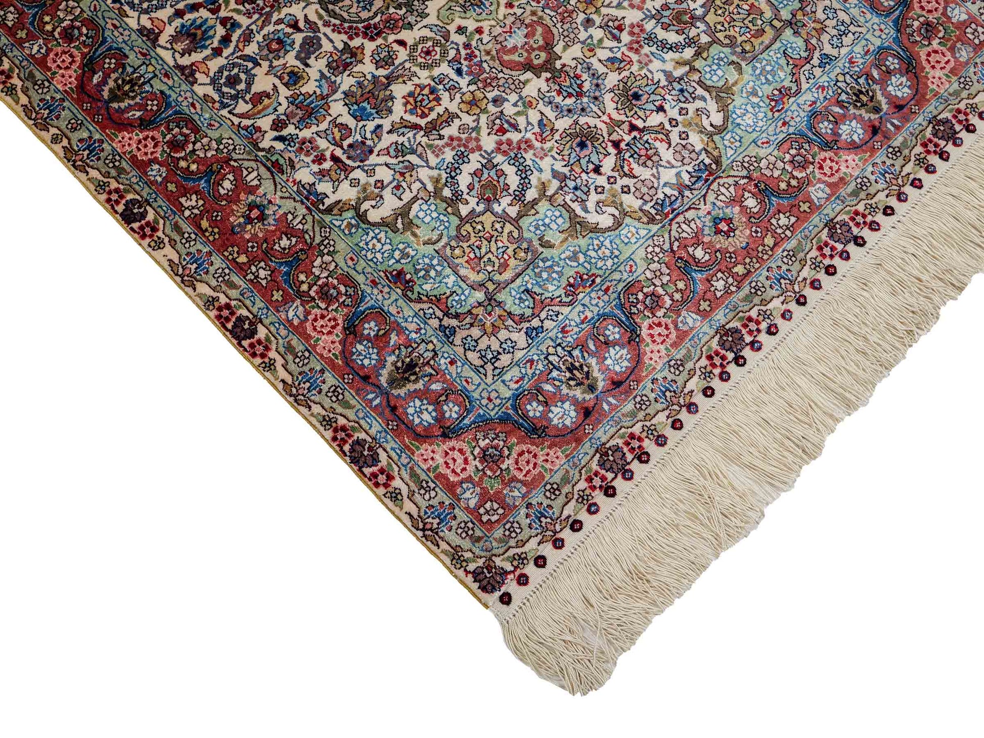 Sehr feiner, handgeknüpfter Khademi Orientteppich mit Hereke Design aus reiner Seide, creme, weiß, rosa. 93x63 cm. Verkauf durch Jupiter Intl.