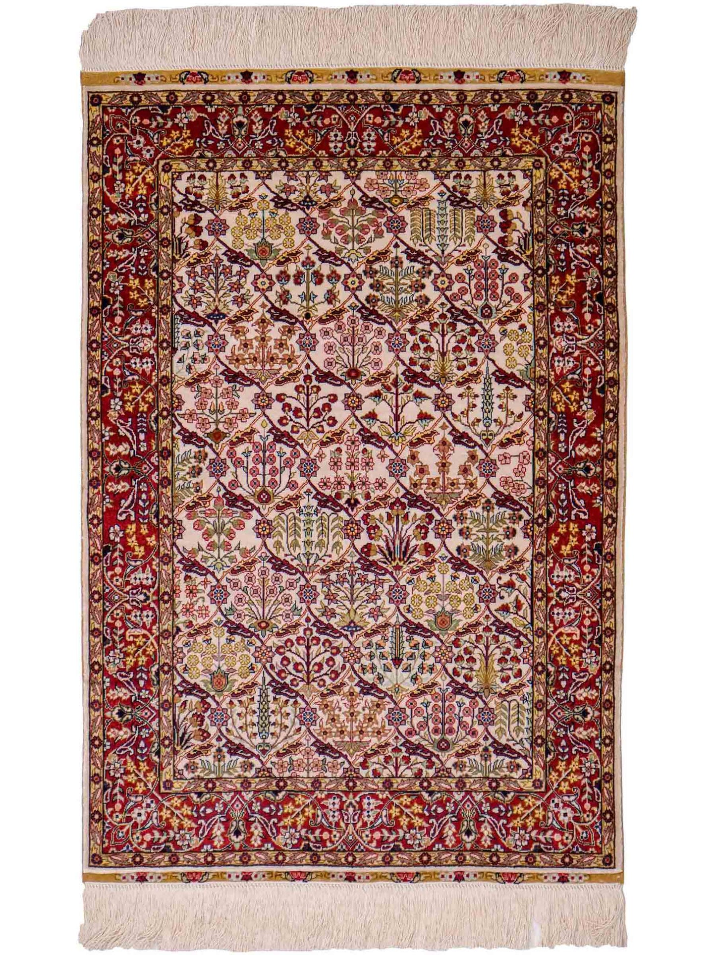 Sehr feiner, handgeknüpfter Khademi Orientteppich mit Hereke Design aus reiner Seide, creme, weiß, rot. 93x63 cm. Vertrieb durch Jupiter Intl.