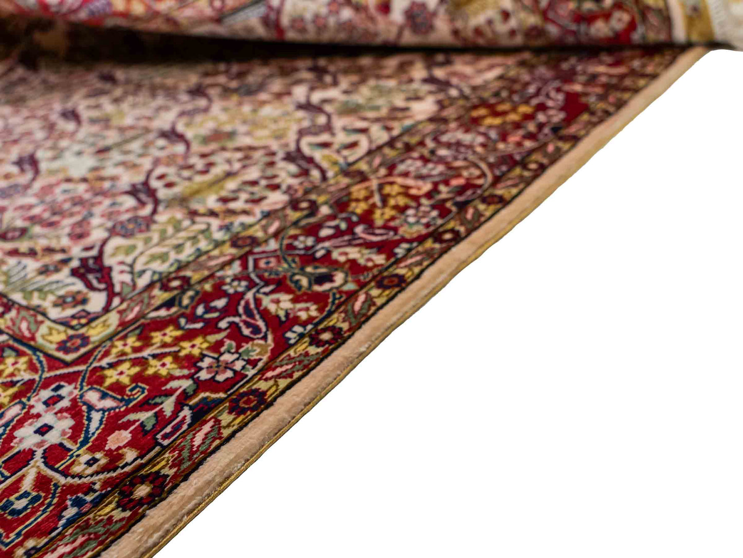 Sehr feiner, handgeknüpfter Khademi Orientteppich mit Hereke Design aus reiner Seide, creme, weiß, rot. 93x63 cm. Vertrieb durch Jupiter Intl.