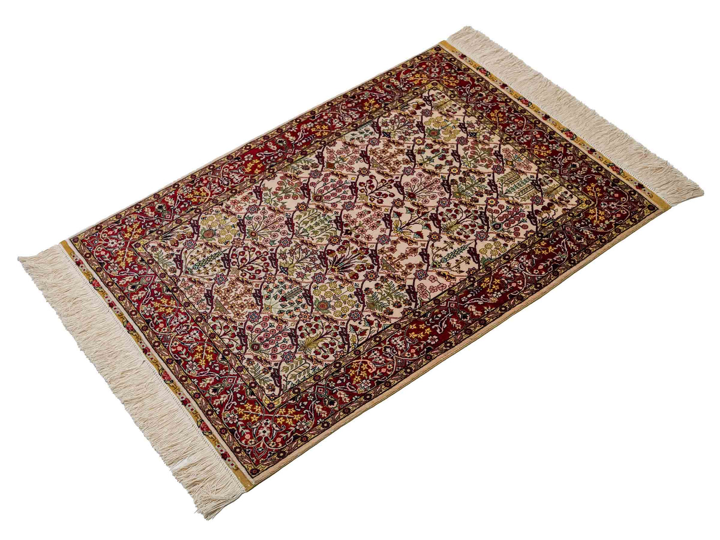 Sehr feiner, handgeknüpfter Khademi Orientteppich mit Hereke Design aus reiner Seide, creme, weiß, rot. 93x63 cm. Vertrieb durch Jupiter Intl.
