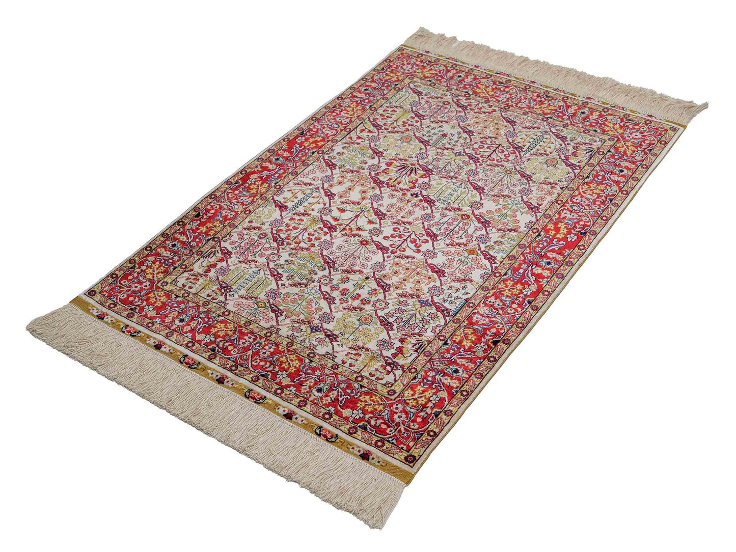 Sehr feiner, handgeknüpfter Khademi Orientteppich mit Hereke Design aus reiner Seide, creme, weiß, rot. 93x63 cm. Vertrieb durch Jupiter Intl.
