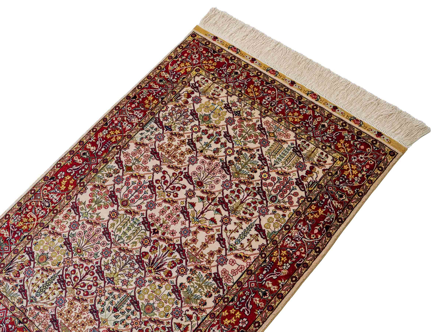 Sehr feiner, handgeknüpfter Khademi Orientteppich mit Hereke Design aus reiner Seide, creme, weiß, rot. 93x63 cm. Vertrieb durch Jupiter Intl.