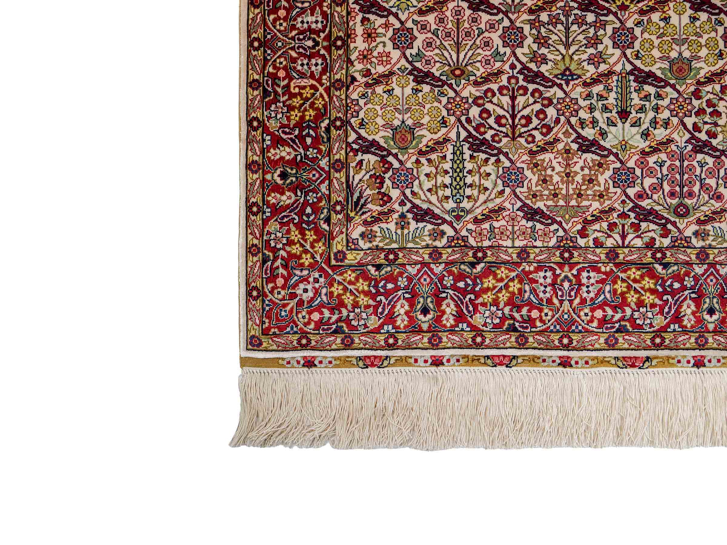Sehr feiner, handgeknüpfter Khademi Orientteppich mit Hereke Design aus reiner Seide, creme, weiß, rot. 93x63 cm. Vertrieb durch Jupiter Intl.