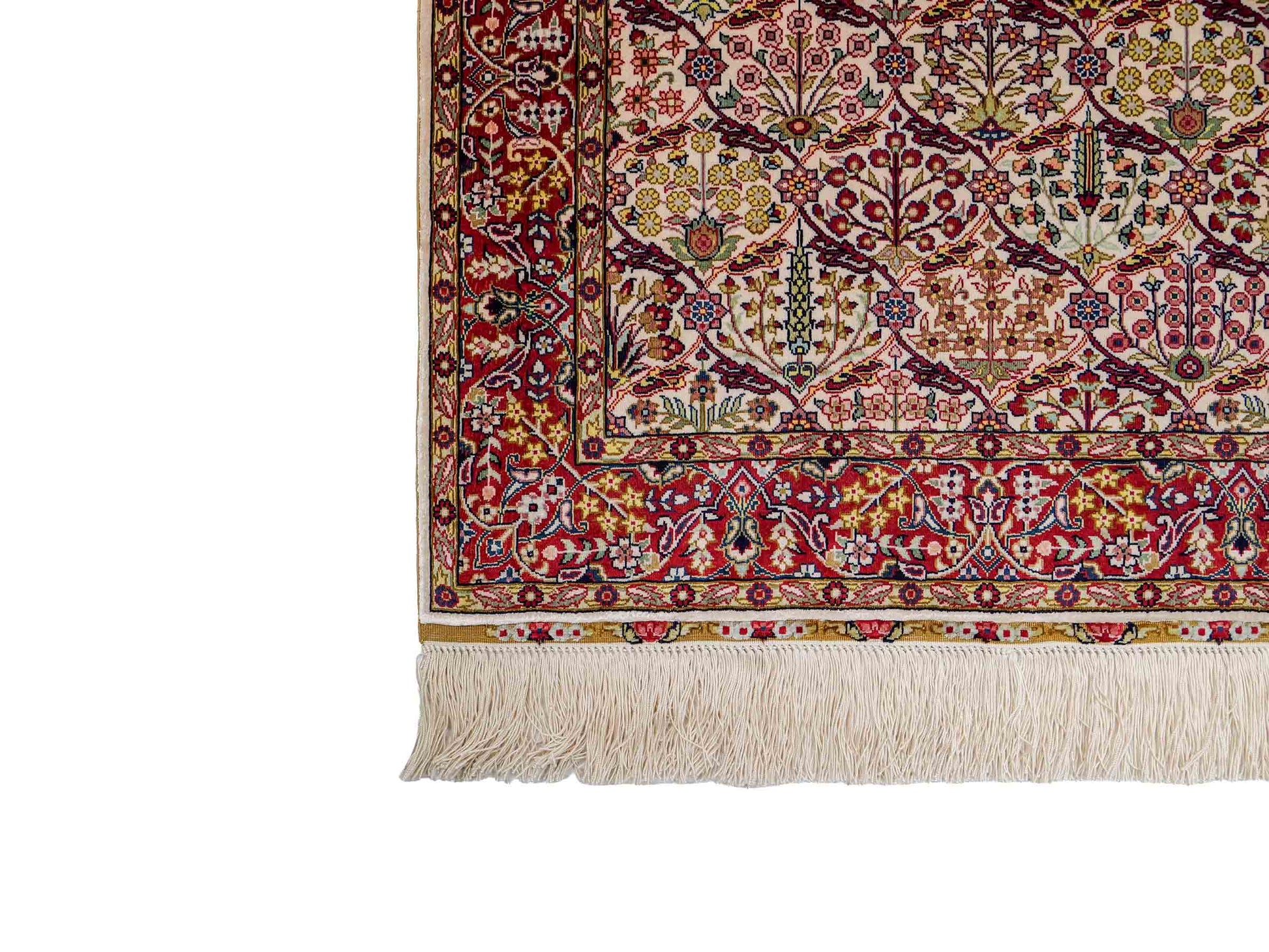 Sehr feiner, handgeknüpfter Khademi Orientteppich mit Hereke Design aus reiner Seide, creme, weiß, rot. 93x63 cm. Vertrieb durch Jupiter Intl.