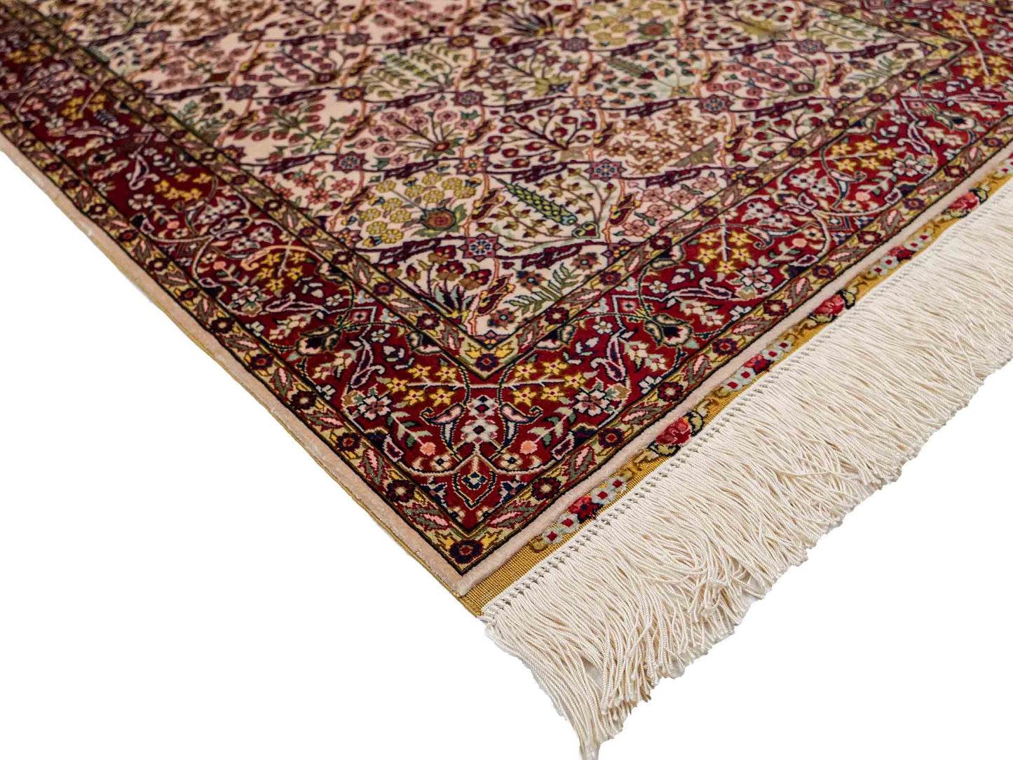 Sehr feiner, handgeknüpfter Khademi Orientteppich mit Hereke Design aus reiner Seide, creme, weiß, rot. 93x63 cm. Vertrieb durch Jupiter Intl.