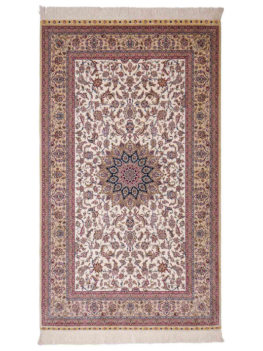 Sehr feiner, handgeknüpfter Khademi Nain Orientteppich aus Seide, weiß, creme. 153x95 cm. Vertrieb durch Jupiter Intl.