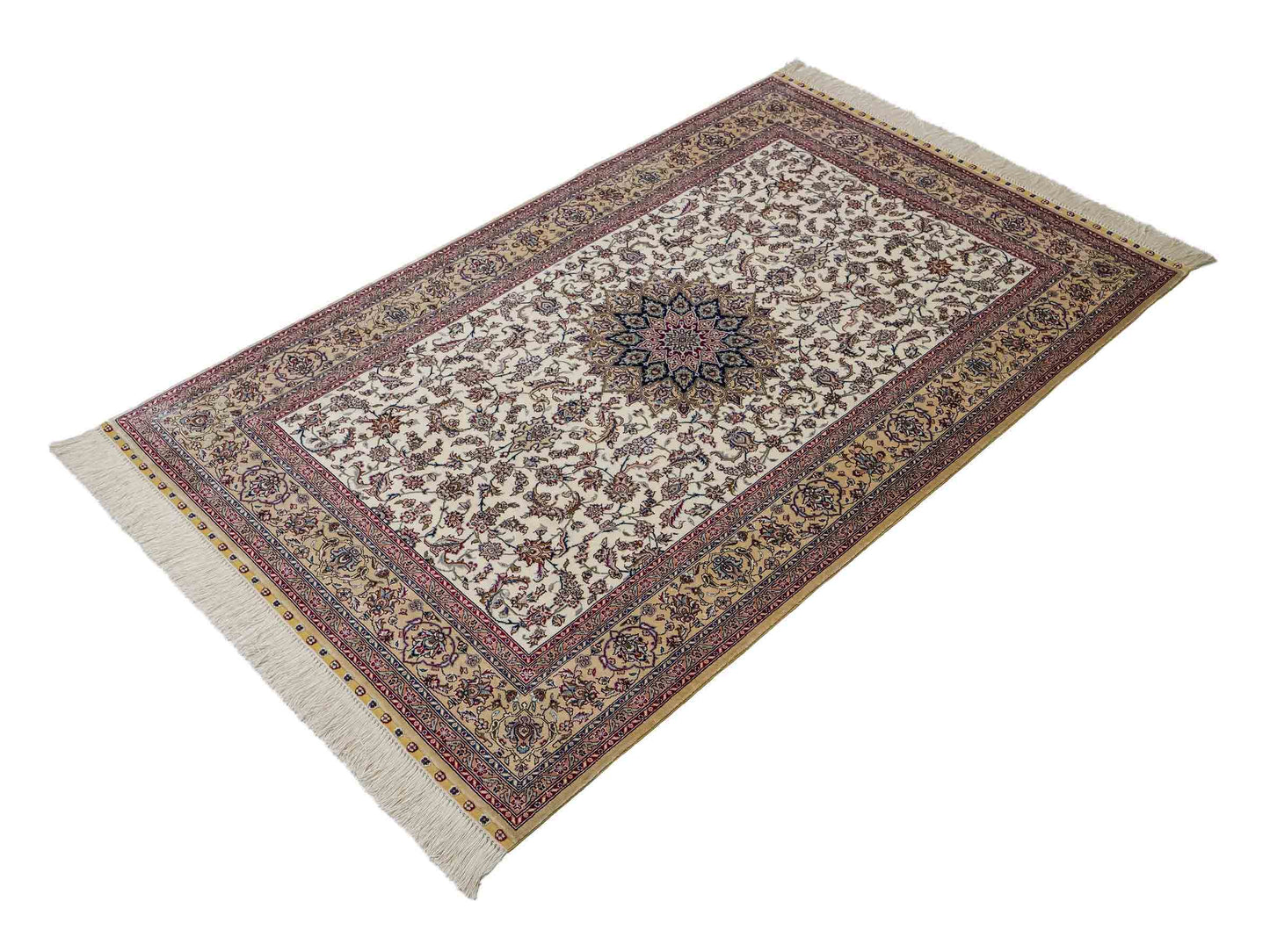 Sehr feiner, handgeknüpfter Khademi Nain Orientteppich aus Seide, weiß, creme. 153x95 cm. Vertrieb durch Jupiter Intl.