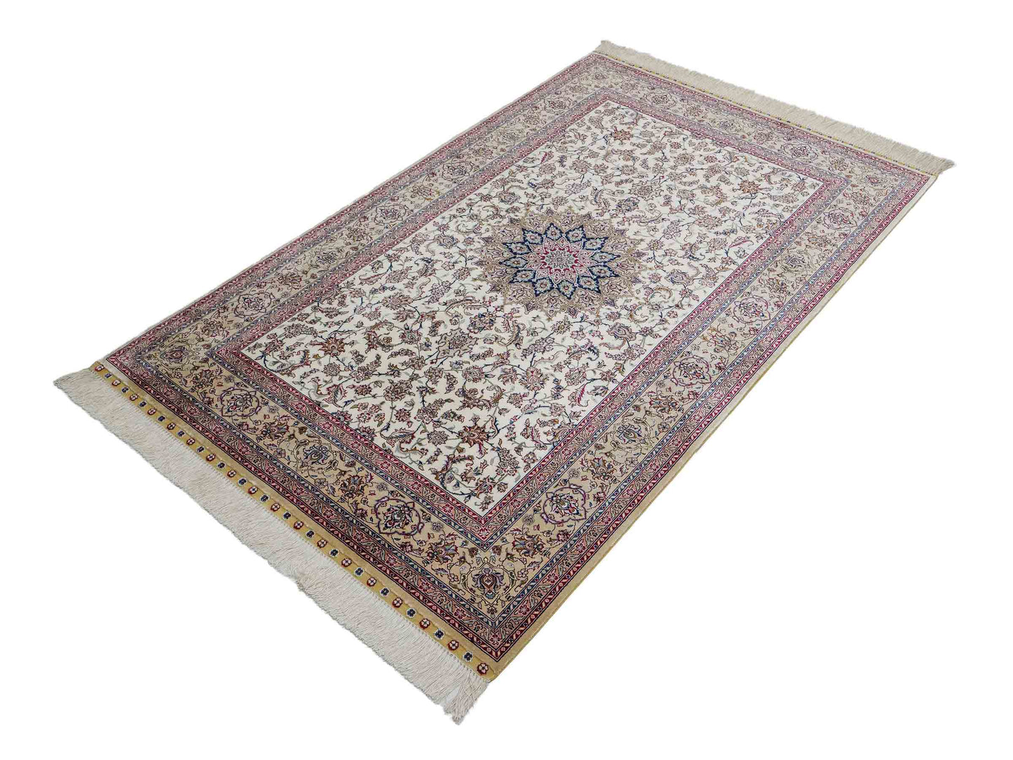 Sehr feiner, handgeknüpfter Khademi Nain Orientteppich aus Seide, weiß, creme. 153x95 cm. Vertrieb durch Jupiter Intl.