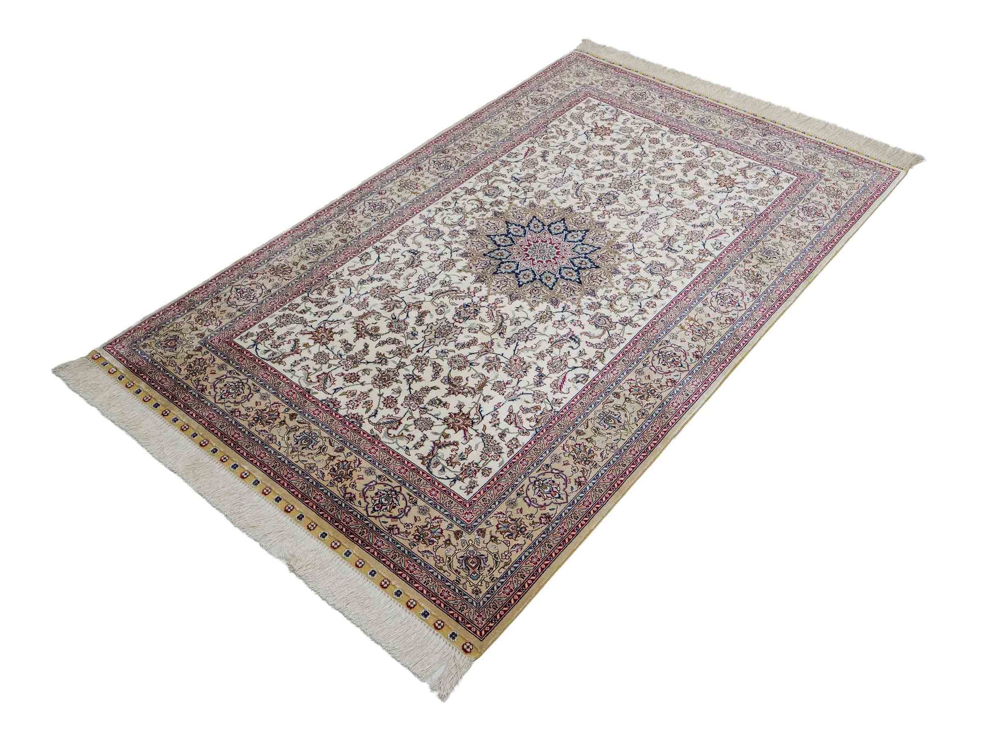 Sehr feiner, handgeknüpfter Khademi Nain Orientteppich aus Seide, weiß, creme. 153x95 cm. Vertrieb durch Jupiter Intl.