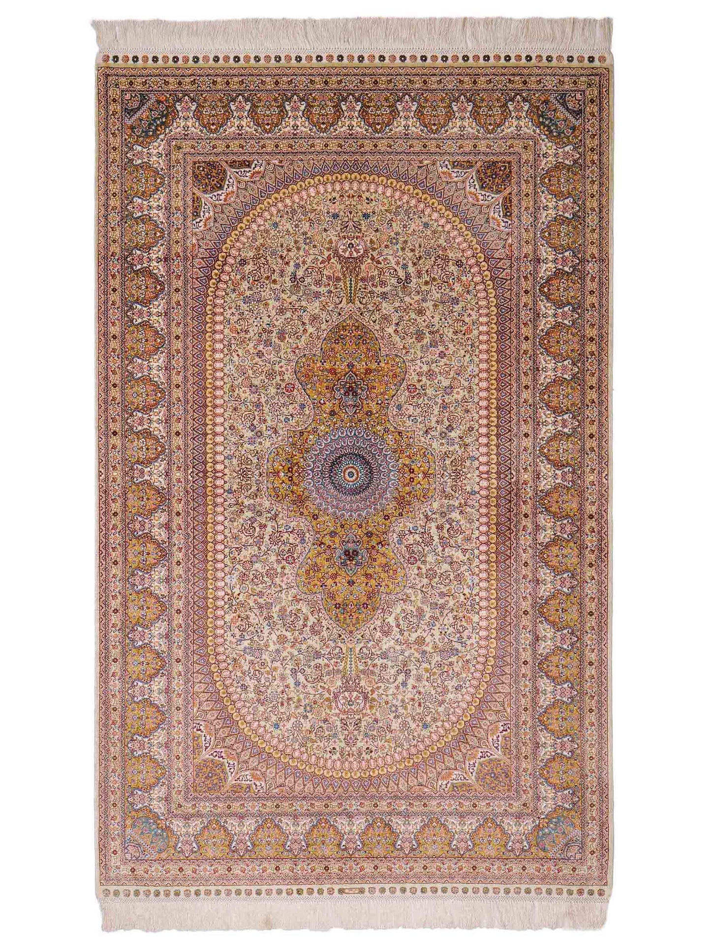 Extrem feiner, handgeknüpfter Khademi Nain Orientteppich aus Seide, gold, creme, blau. 154x94 cm. Vertrieb durch Jupiter Intl.