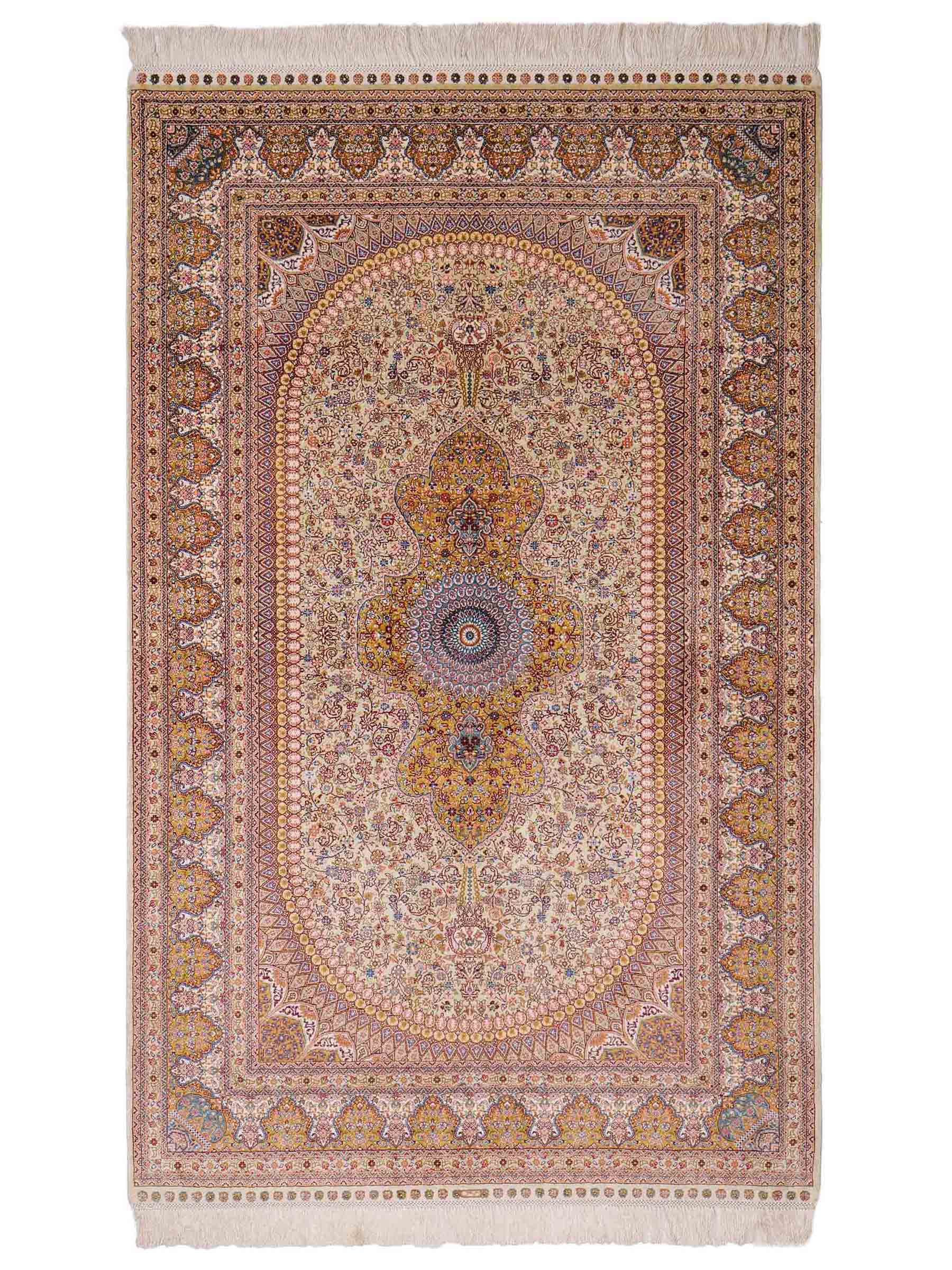 Extrem feiner, handgeknüpfter Khademi Nain Orientteppich aus Seide, gold, creme, blau. 154x94 cm. Vertrieb durch Jupiter Intl.