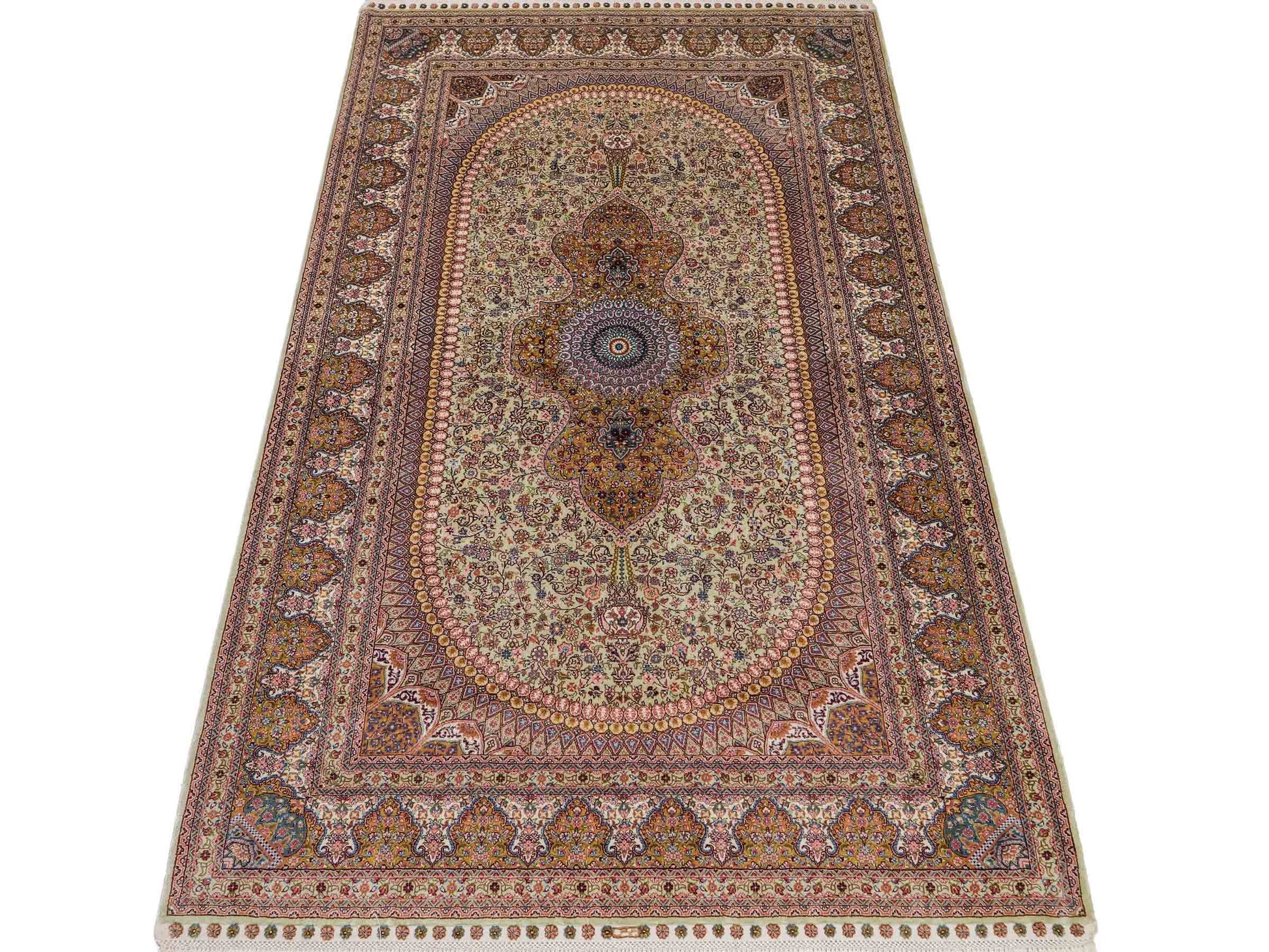 Extrem feiner, handgeknüpfter Khademi Nain Orientteppich aus Seide, gold, creme, blau. 154x94 cm. Vertrieb durch Jupiter Intl.
