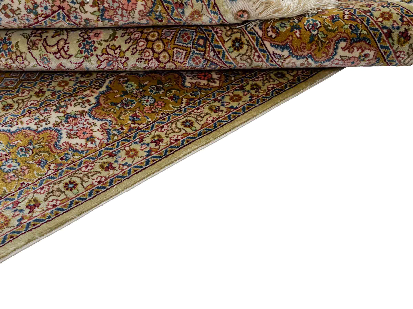 Sehr feiner, handgeknüpfter Khademi Orientteppich mit Nain Design aus Seide, gold, creme, blau. 154x95 cm. Vertrieb durch Jupiter Intl.