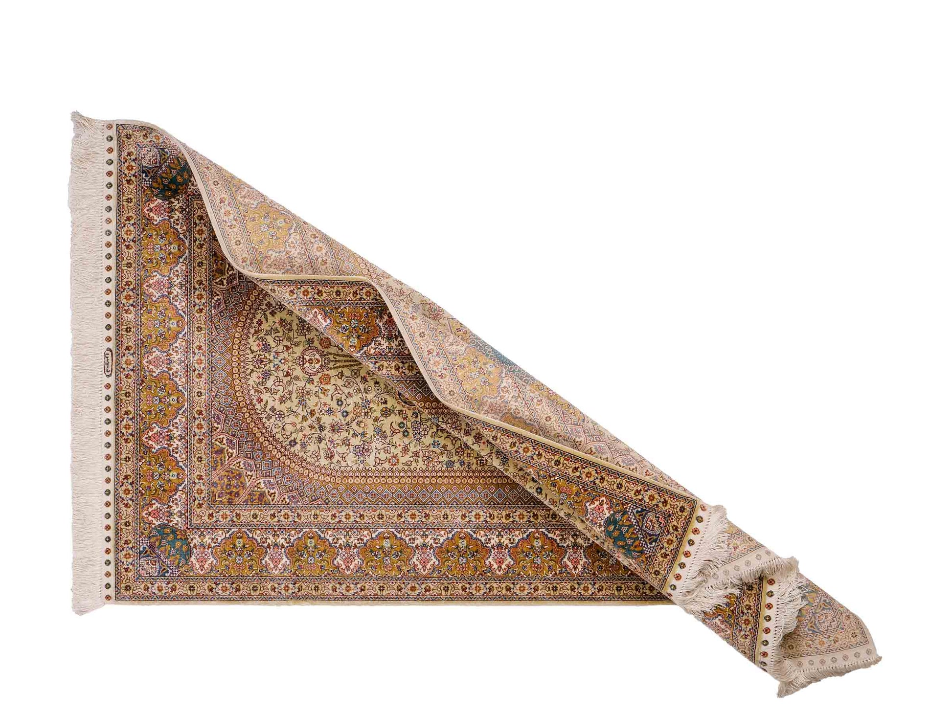 Sehr feiner, handgeknüpfter Khademi Orientteppich mit Nain Design aus Seide, gold, creme, blau. 154x95 cm. Vertrieb durch Jupiter Intl.