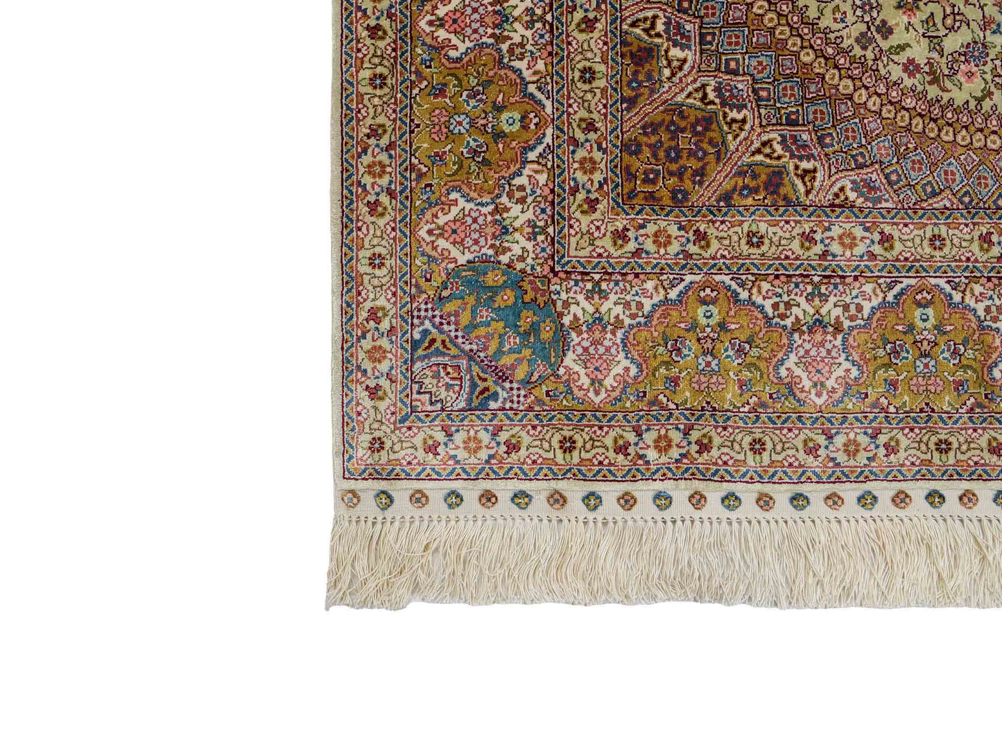 Sehr feiner, handgeknüpfter Khademi Orientteppich mit Nain Design aus Seide, gold, creme, blau. 154x95 cm. Vertrieb durch Jupiter Intl.