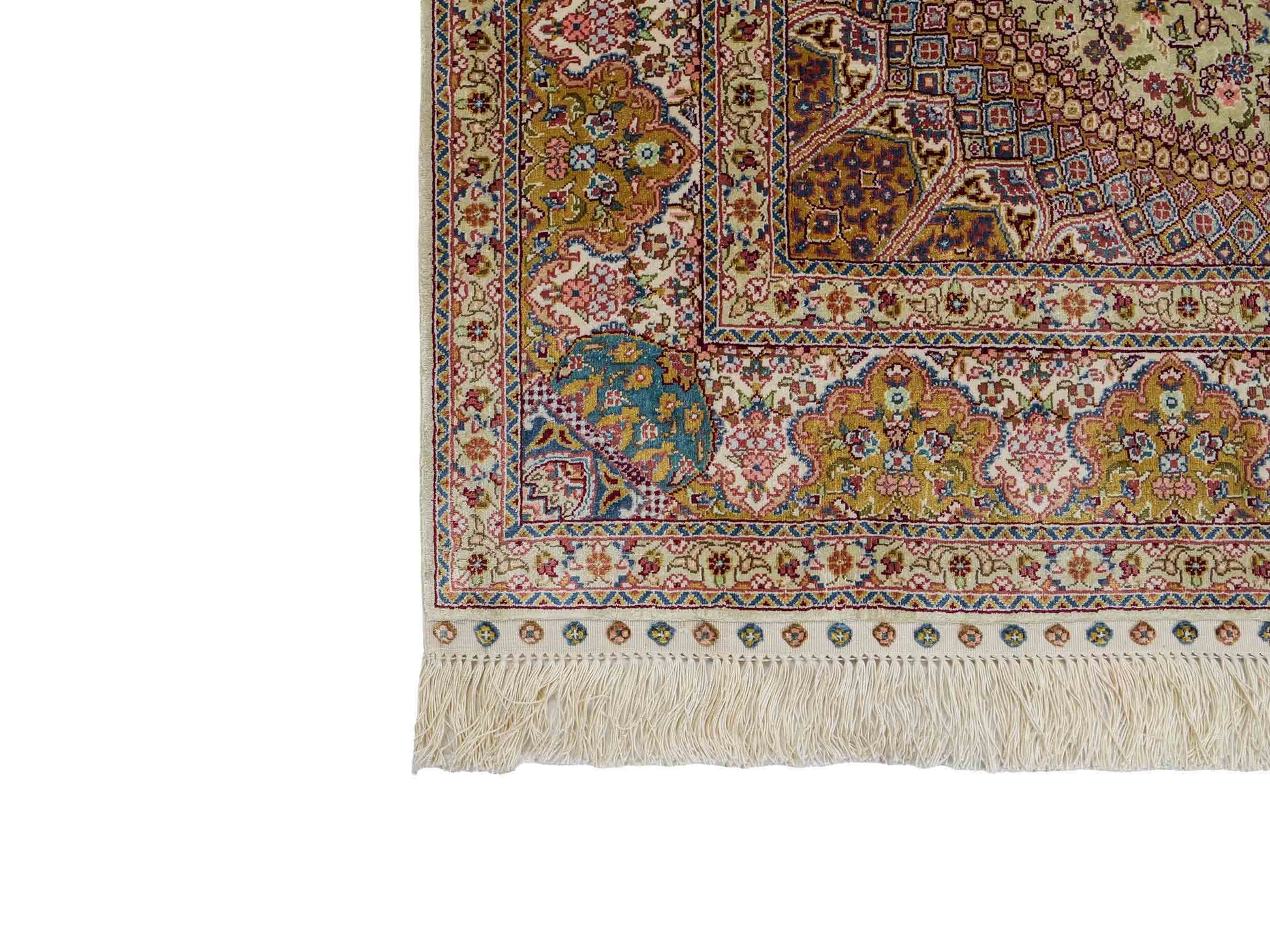 Sehr feiner, handgeknüpfter Khademi Orientteppich mit Nain Design aus Seide, gold, creme, blau. 154x95 cm. Vertrieb durch Jupiter Intl.