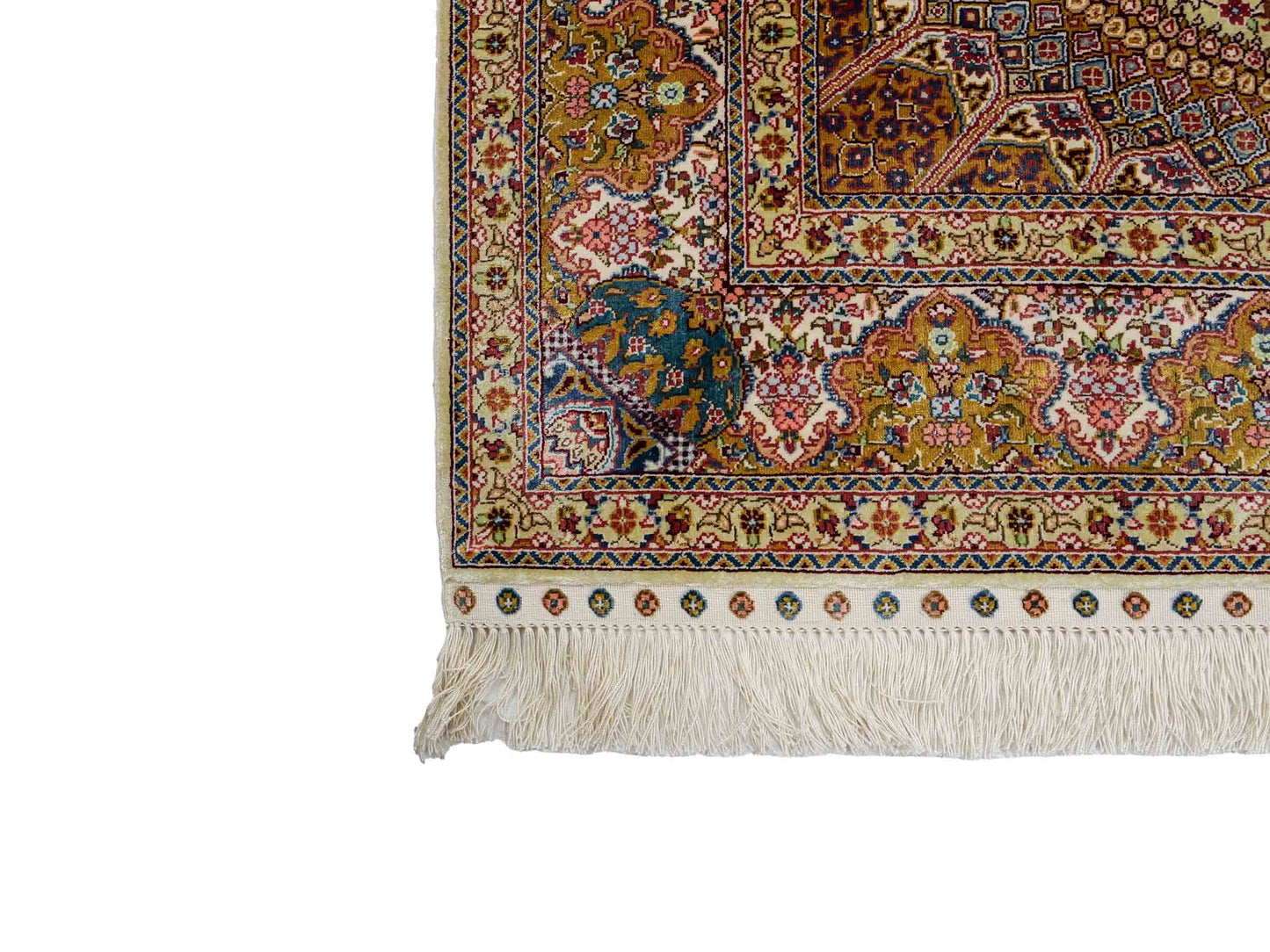 Sehr feiner, handgeknüpfter Khademi Orientteppich mit Nain Design aus Seide, gold, beige, creme. 155x95 cm. Vertrieb durch Jupiter Intl.