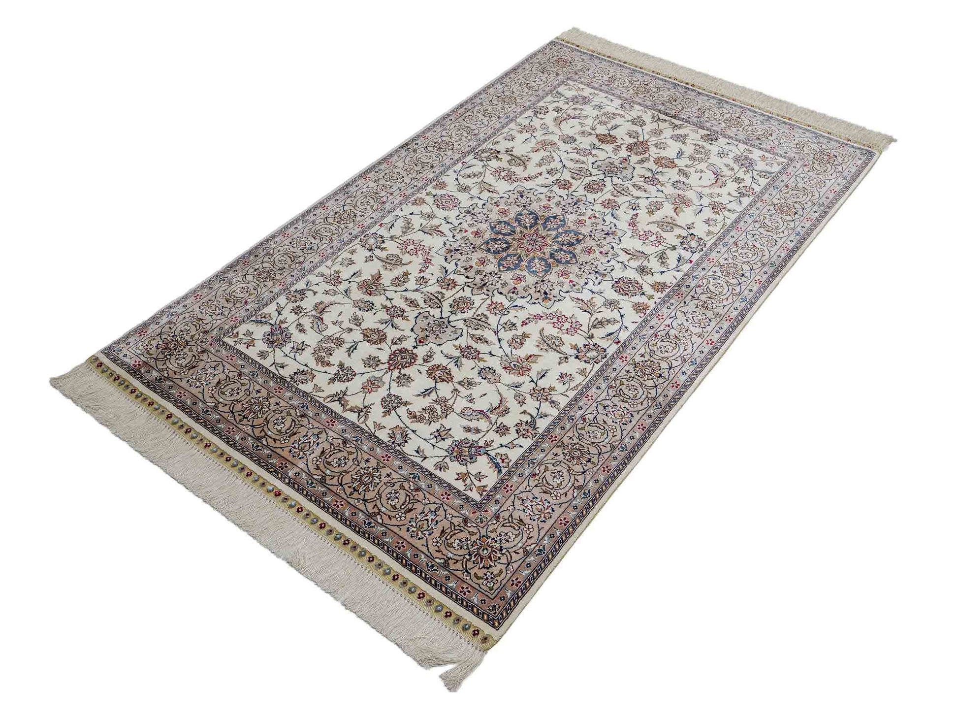 Sehr feiner, handgeknüpfter Khademi Nain Orientteppich aus Seide, creme, weiß. 156x95 cm. Vertrieb durch Jupiter Intl.