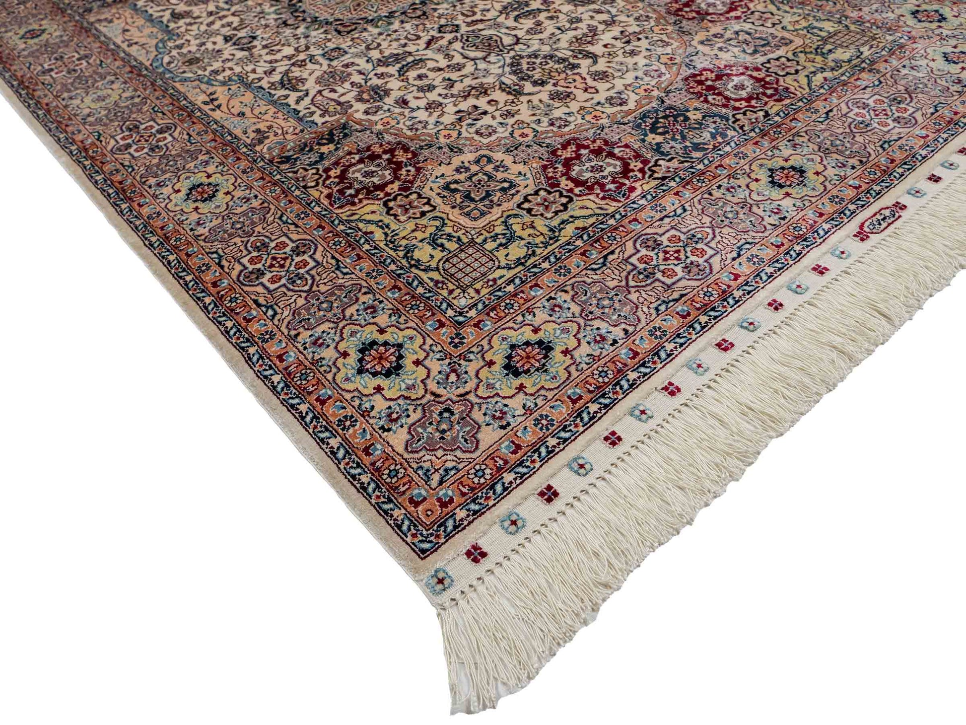 Sehr feiner, handgeknüpfter Khademi Orientteppich mit Nain Design aus Seide, weiß, rot, blau. 156x95 cm. Vertrieb durch Jupiter Intl.