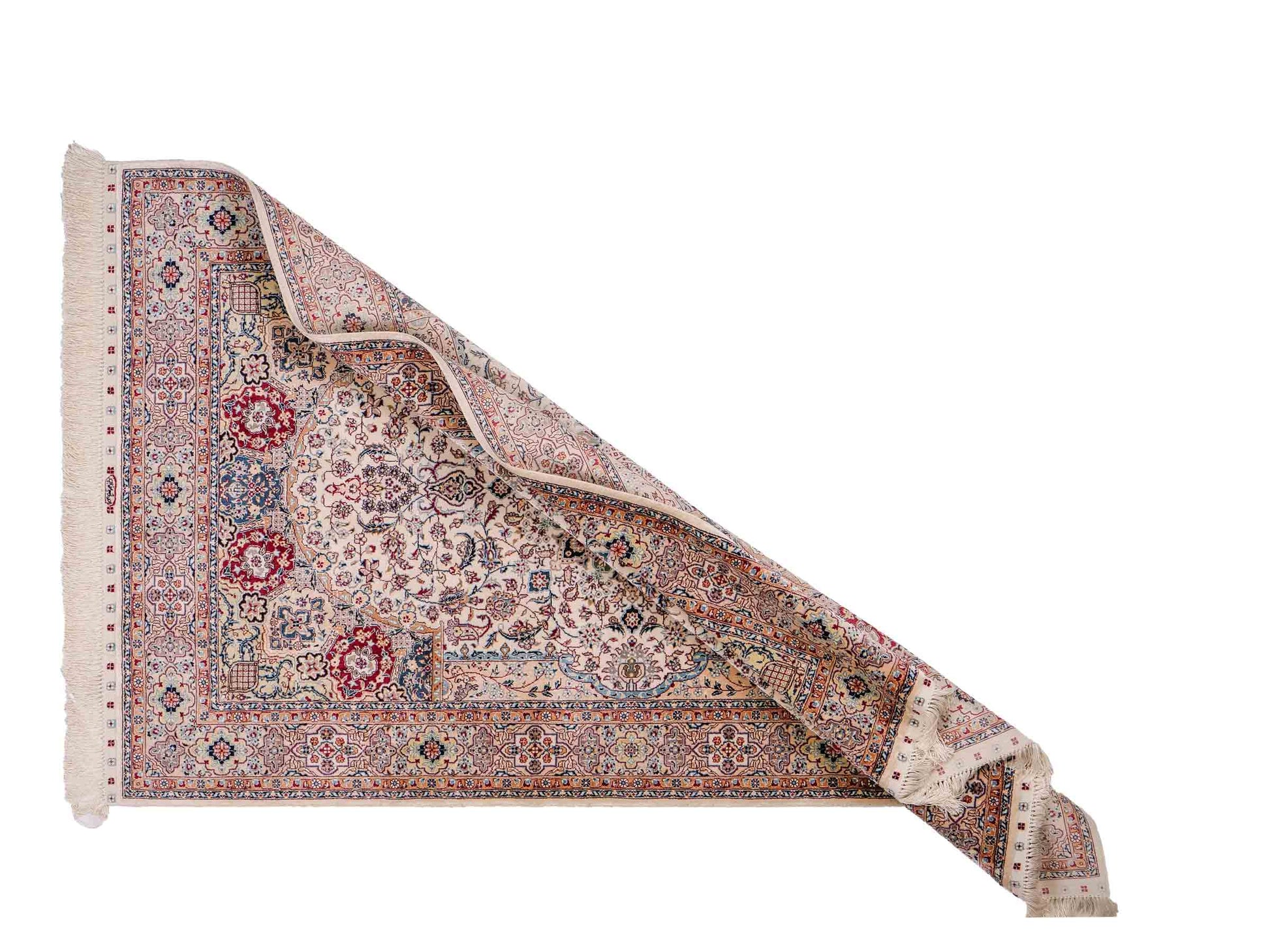 Sehr feiner, handgeknüpfter Khademi Orientteppich mit Nain Design aus Seide, weiß, rot, blau. 156x95 cm. Vertrieb durch Jupiter Intl.
