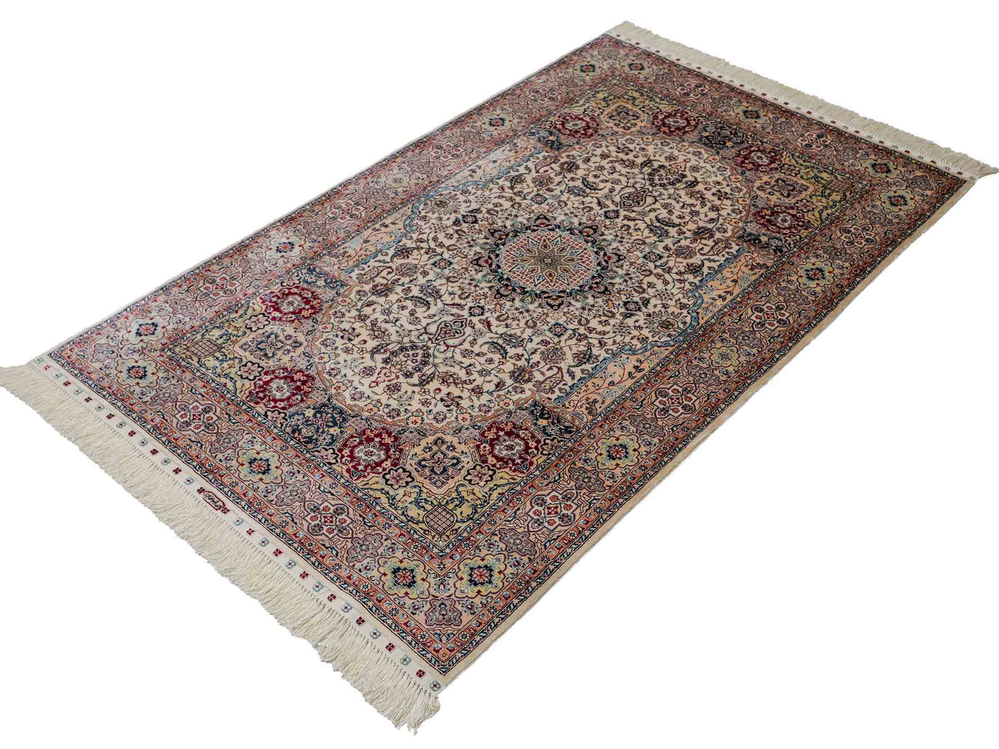 Sehr feiner, handgeknüpfter Khademi Orientteppich mit Nain Design aus Seide, weiß, rot, blau. 156x95 cm. Vertrieb durch Jupiter Intl.