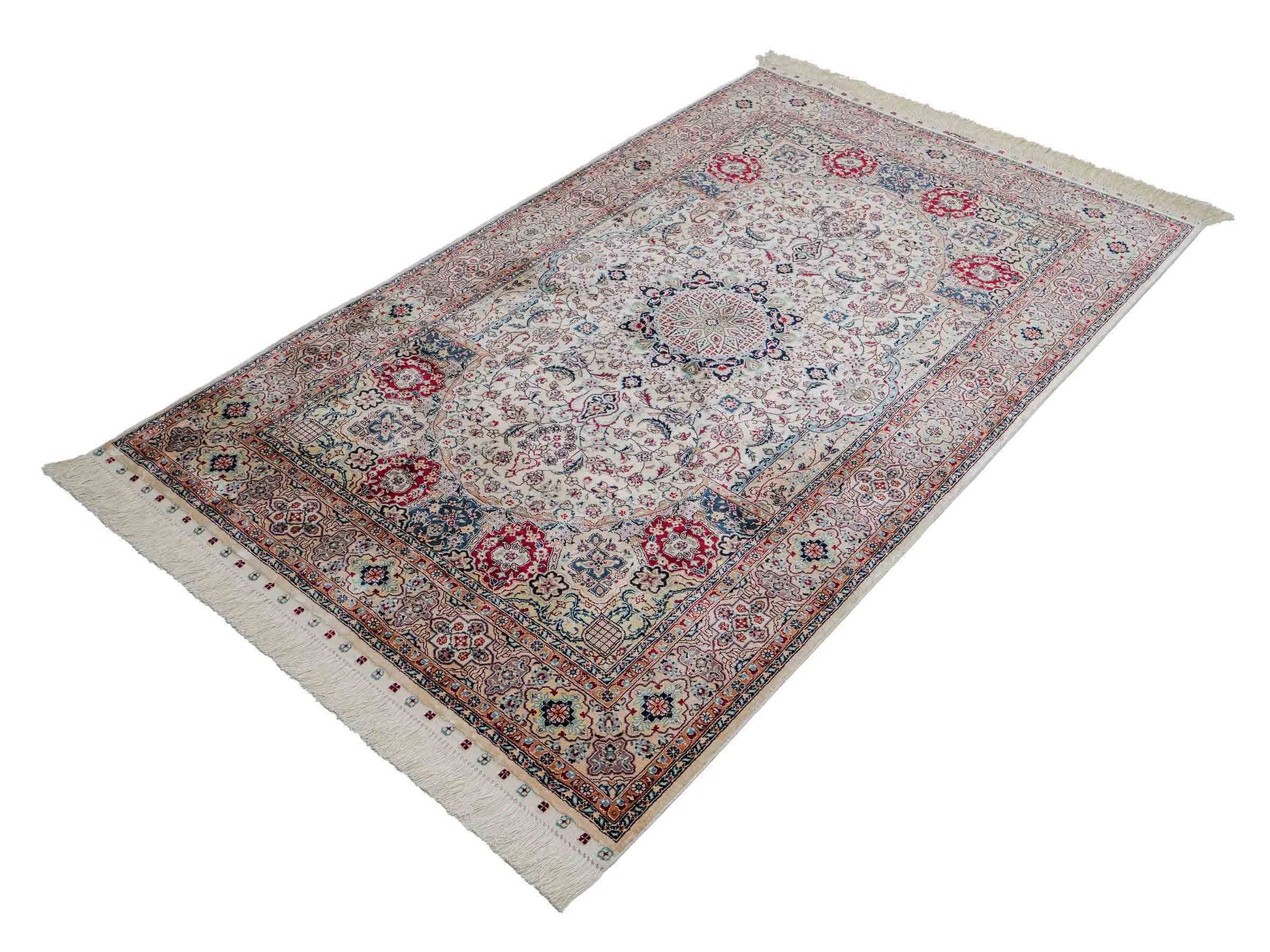 Sehr feiner, handgeknüpfter Khademi Orientteppich mit Nain Design aus Seide, weiß, rot, blau. 156x95 cm. Vertrieb durch Jupiter Intl.