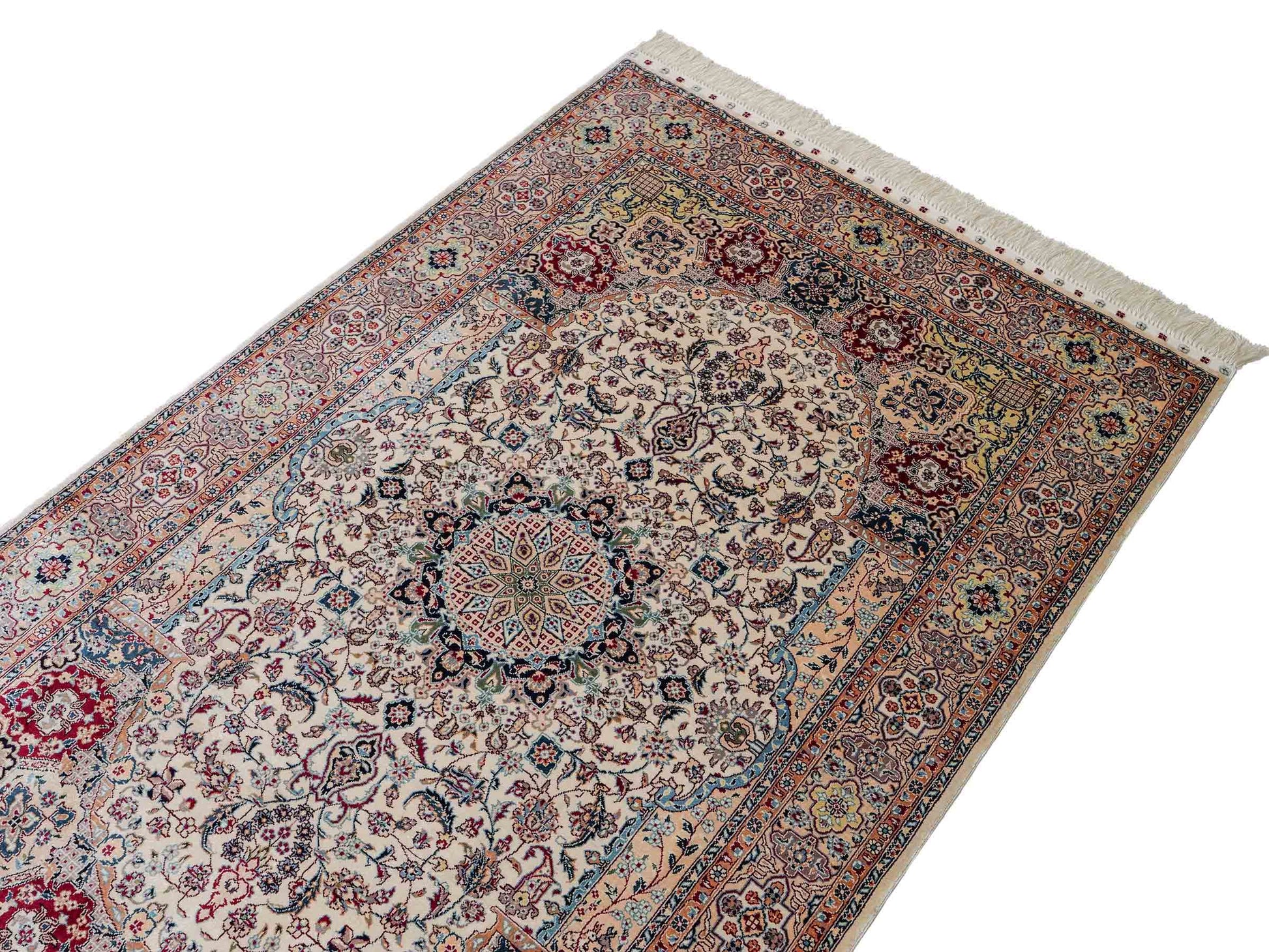 Sehr feiner, handgeknüpfter Khademi Orientteppich mit Nain Design aus Seide, weiß, rot, blau. 156x95 cm. Vertrieb durch Jupiter Intl.
