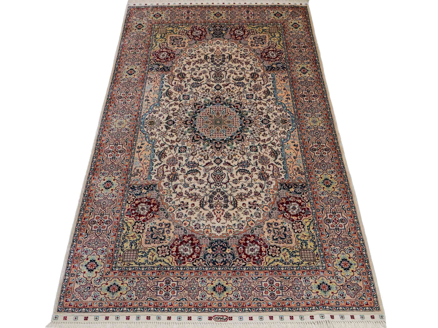 Sehr feiner, handgeknüpfter Khademi Orientteppich mit Nain Design aus Seide, weiß, rot, blau. 156x95 cm. Vertrieb durch Jupiter Intl.