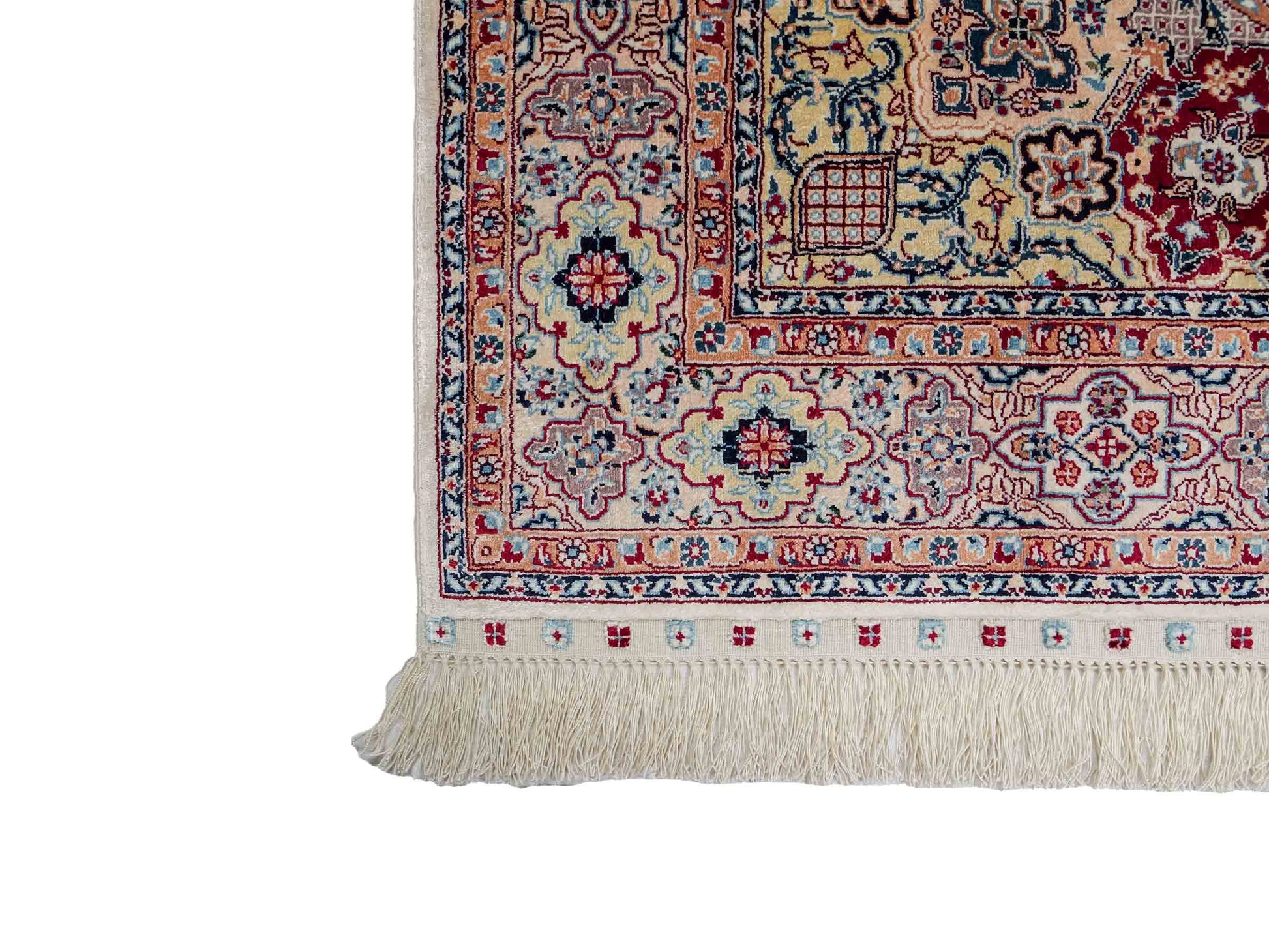 Sehr feiner, handgeknüpfter Khademi Orientteppich mit Nain Design aus Seide, weiß, rot, blau. 156x95 cm. Vertrieb durch Jupiter Intl.