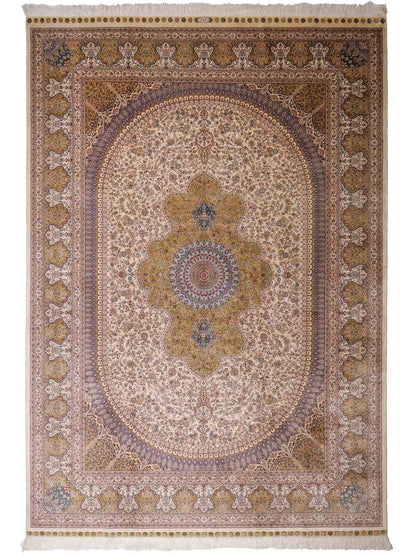 Sehr feiner handgeknüpfter Khademi Orientteppich mit Nain Design aus reiner Seide, gold, creme, blau. 249x173 cm. Vertrieb durch Jupiter Intl.