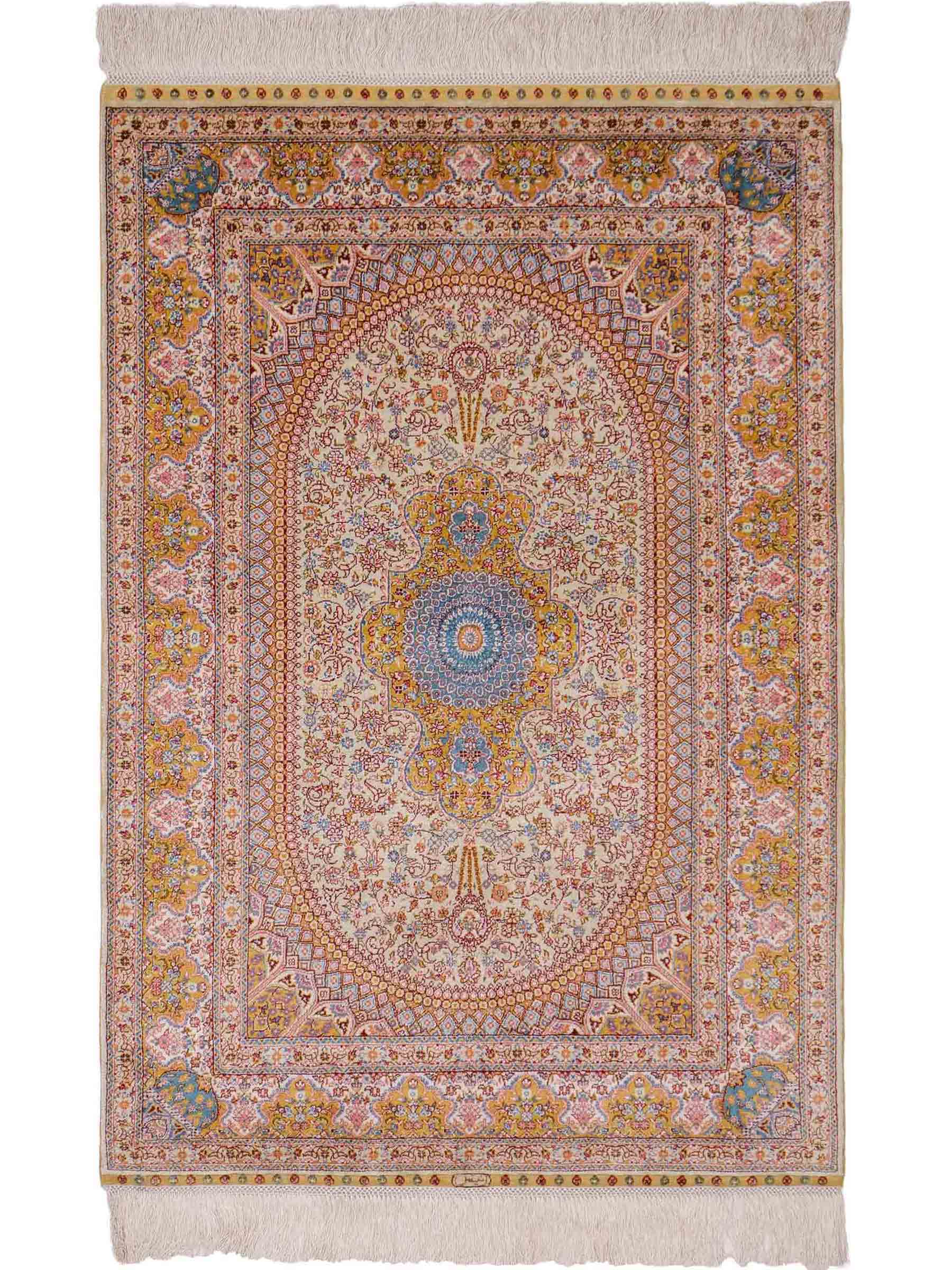 Extrem feiner, handgeknüpfter Khademi Orientteppich mit Nain Design aus purer Seide, gold, creme, blau. 93x62 cm. Vertrieb durch Jupiter Intl.