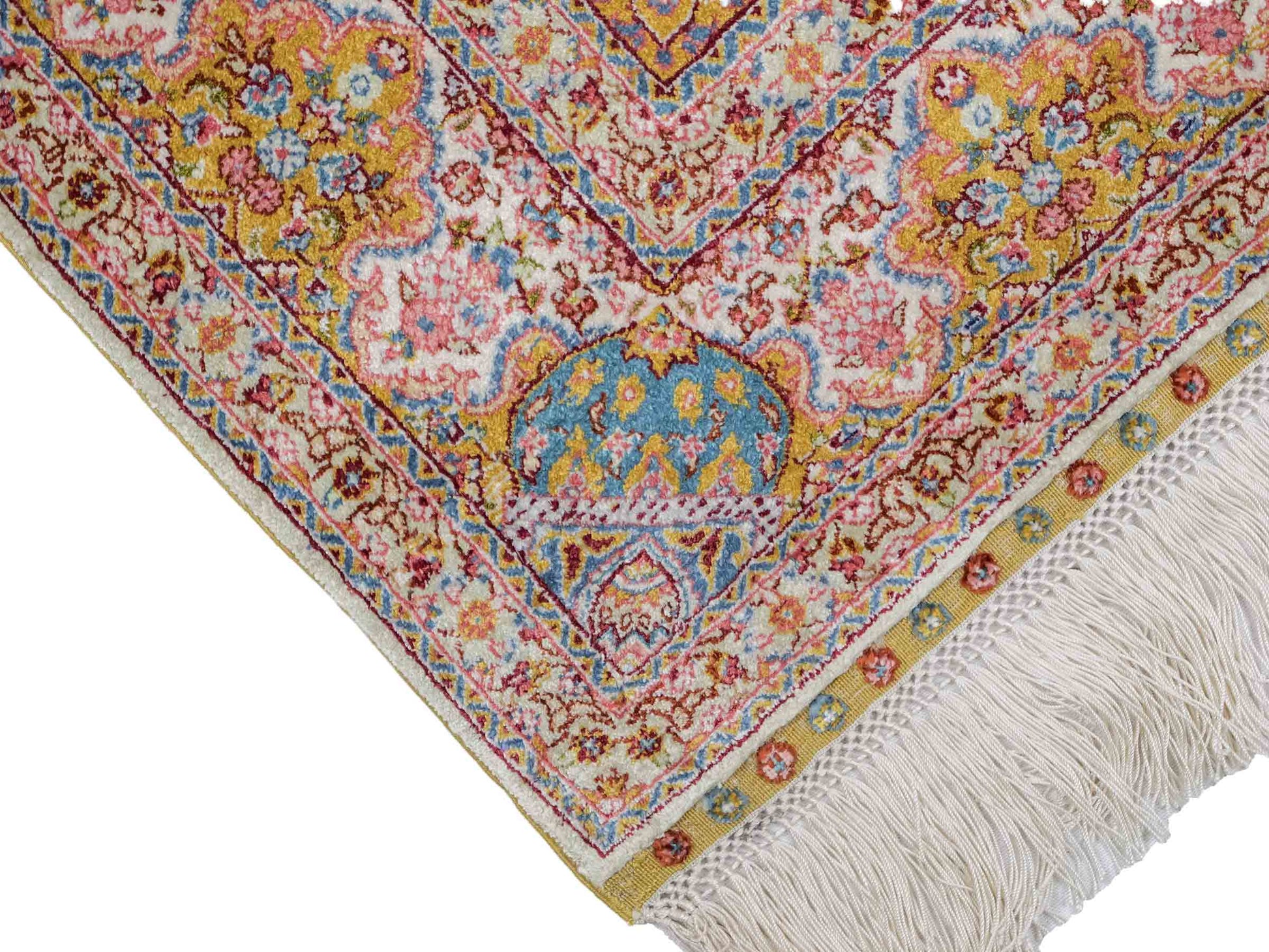 Extrem feiner, handgeknüpfter Khademi Orientteppich mit Nain Design aus purer Seide, gold, creme, blau. 93x62 cm. Vertrieb durch Jupiter Intl.