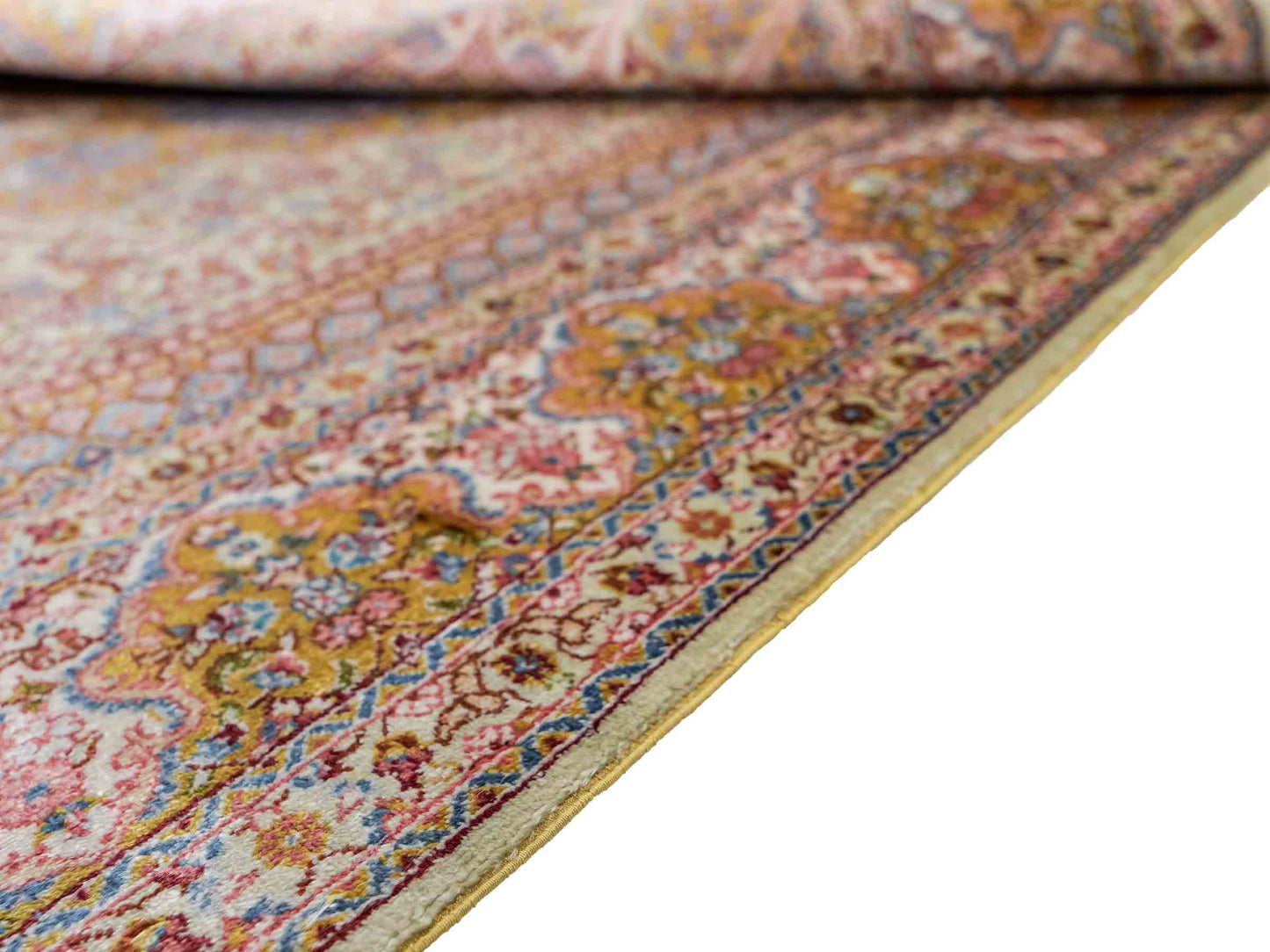 Extrem feiner, handgeknüpfter Khademi Orientteppich mit Nain Design aus purer Seide, gold, creme, blau. 93x62 cm. Vertrieb durch Jupiter Intl.